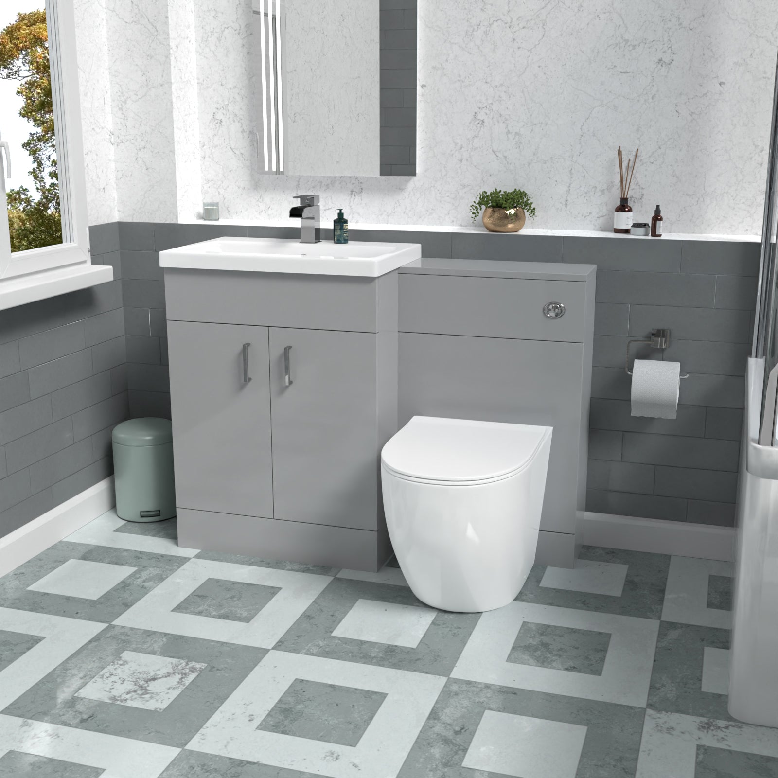 Nanuya 1100mm Grey Basin Vanity Cabinet, WC Unit & D-Shape Back To Wall Toilet