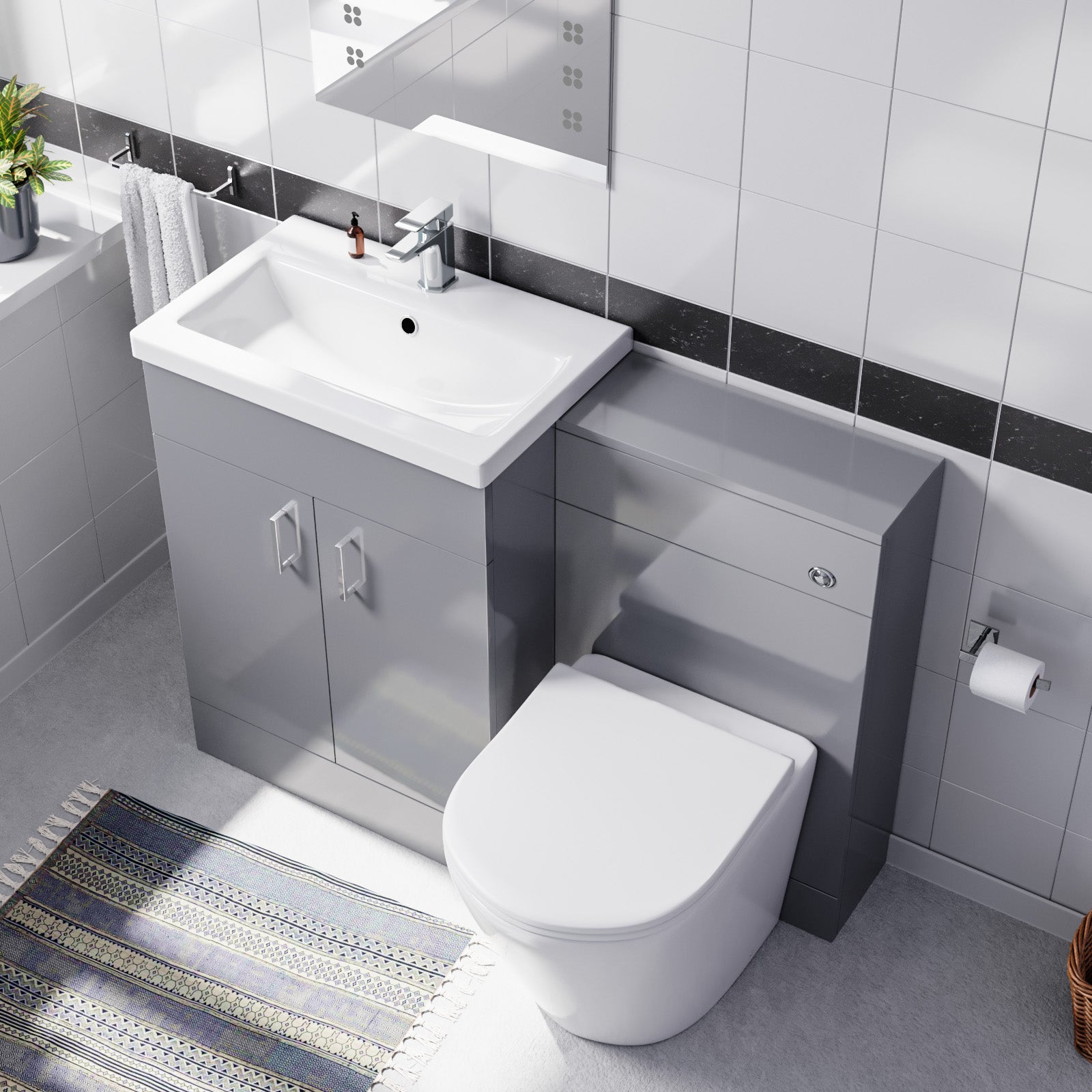 Nanuya 1100mm Grey Basin Vanity Cabinet, WC Unit & Round Back To Wall Toilet