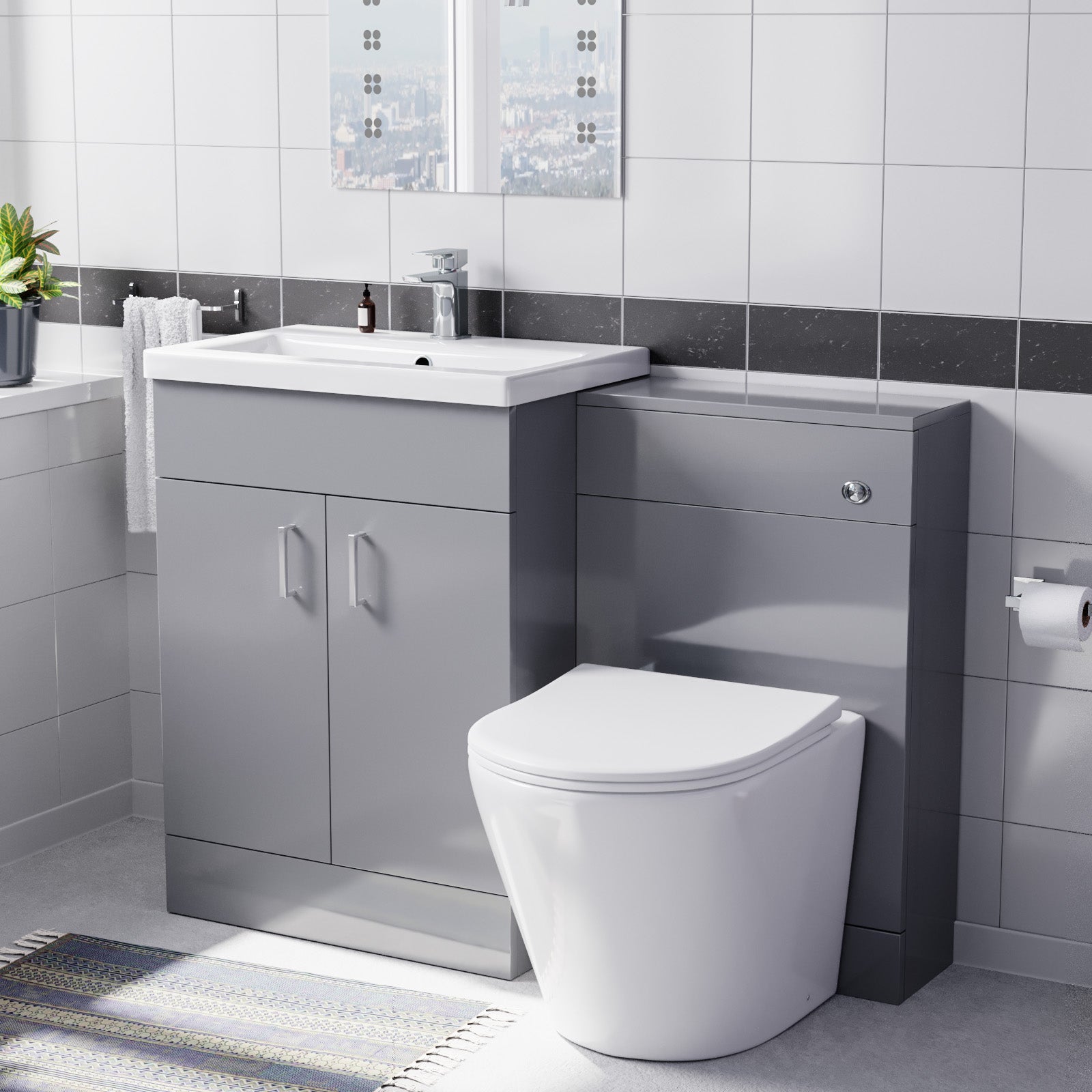 Nanuya 1100mm Grey Basin Vanity Cabinet, WC Unit & Round Back To Wall Toilet