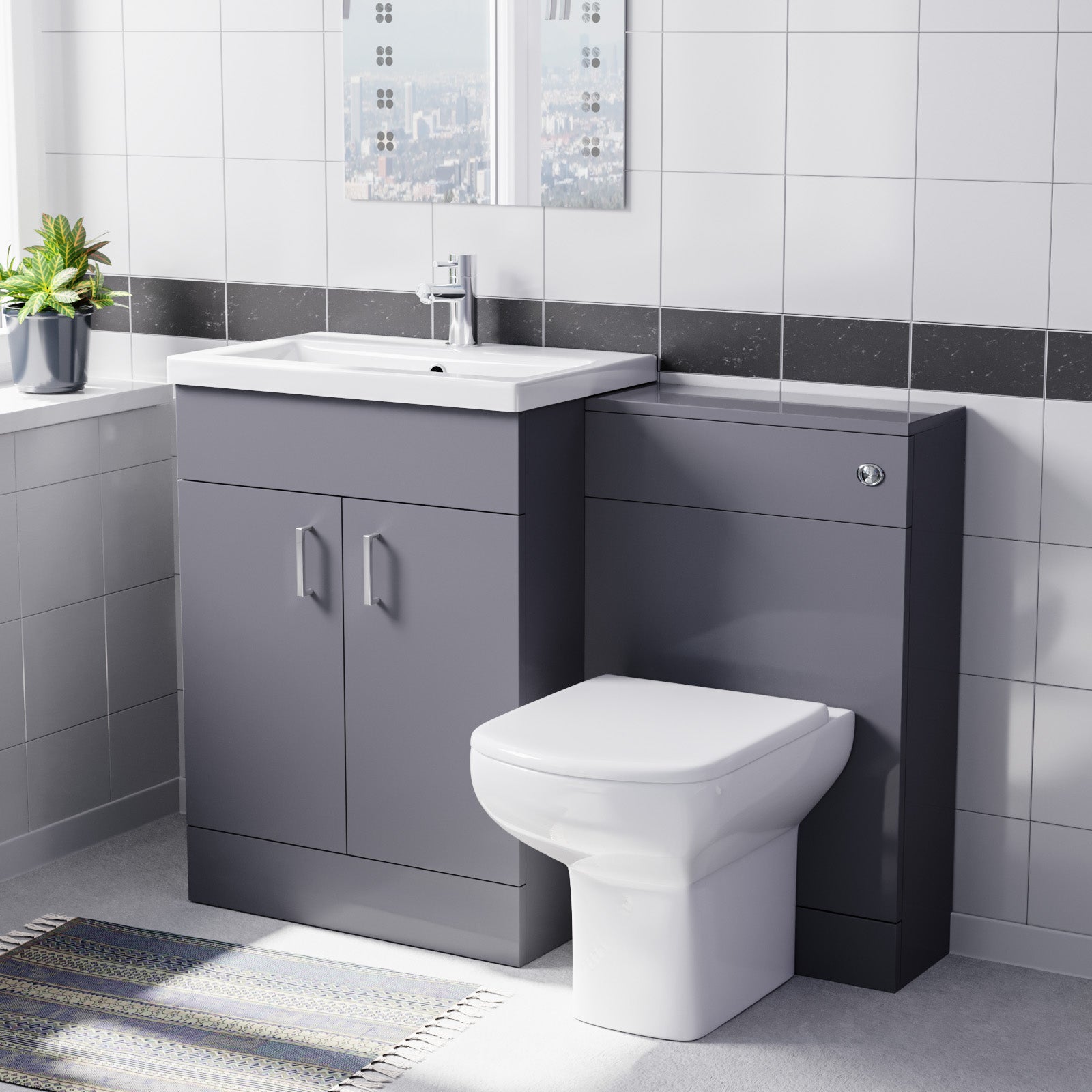 Nanuya Grey 1100mm Basin Doors Vanity, WC Unit & Rimless BTW Toilet