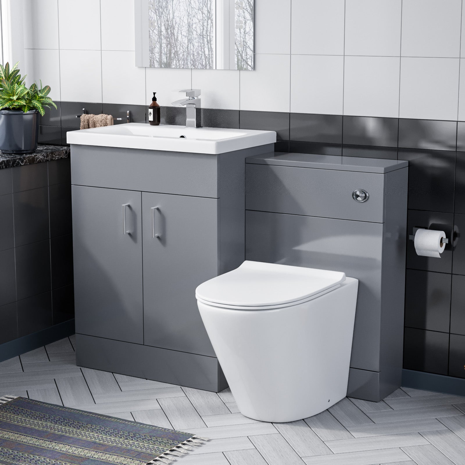 Nanuya Grey 1100mm Freestanding Basin Vanity, WC Unit & Rimless BTW Toilet