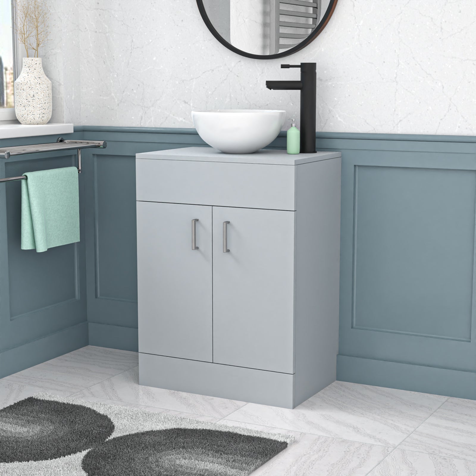 Nanuya Matte Grey 600mm Bathroom Doors Vanity Unit Round Ceramic Basin