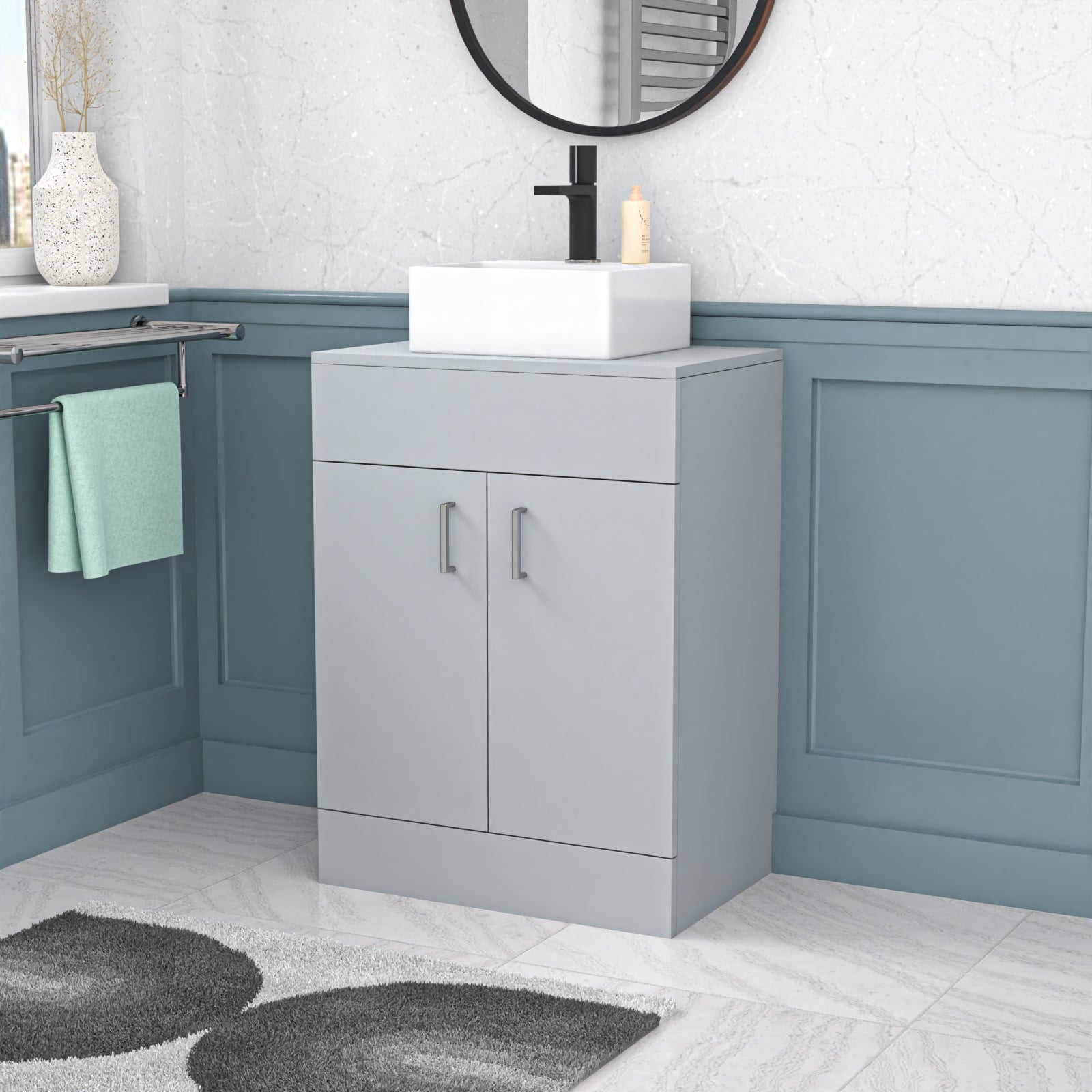 Nanuya Matte Grey 600mm Bathroom Doors Vanity Unit Rectangle Ceramic Basin