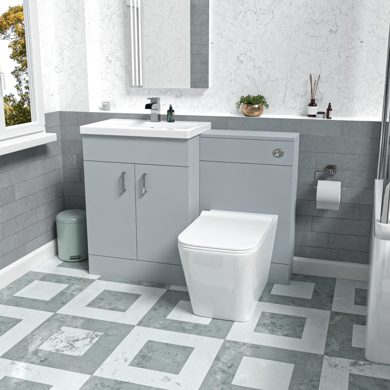 Nanuya Matte Grey 1100mm Freestanding Vanity WC Unit & Rimless BTW Toilet