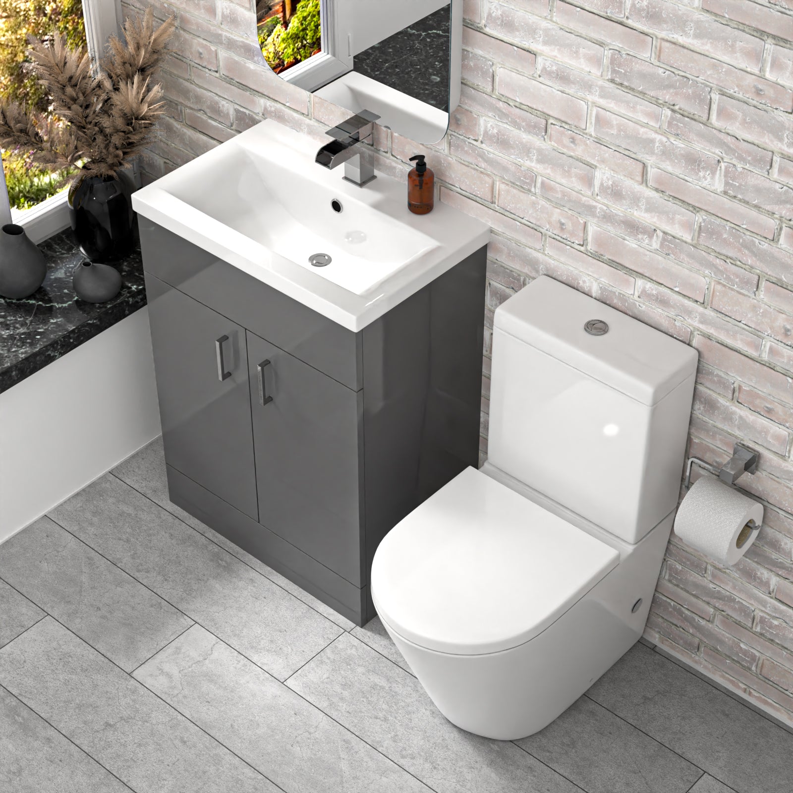 Steel Grey 600mm Freestanding Vanity With ceramic Basin & Close Coupled Toilet