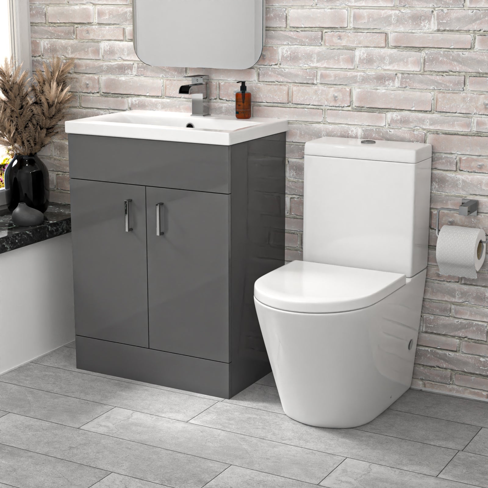 Steel Grey 600mm Freestanding Vanity With ceramic Basin & Close Coupled Toilet