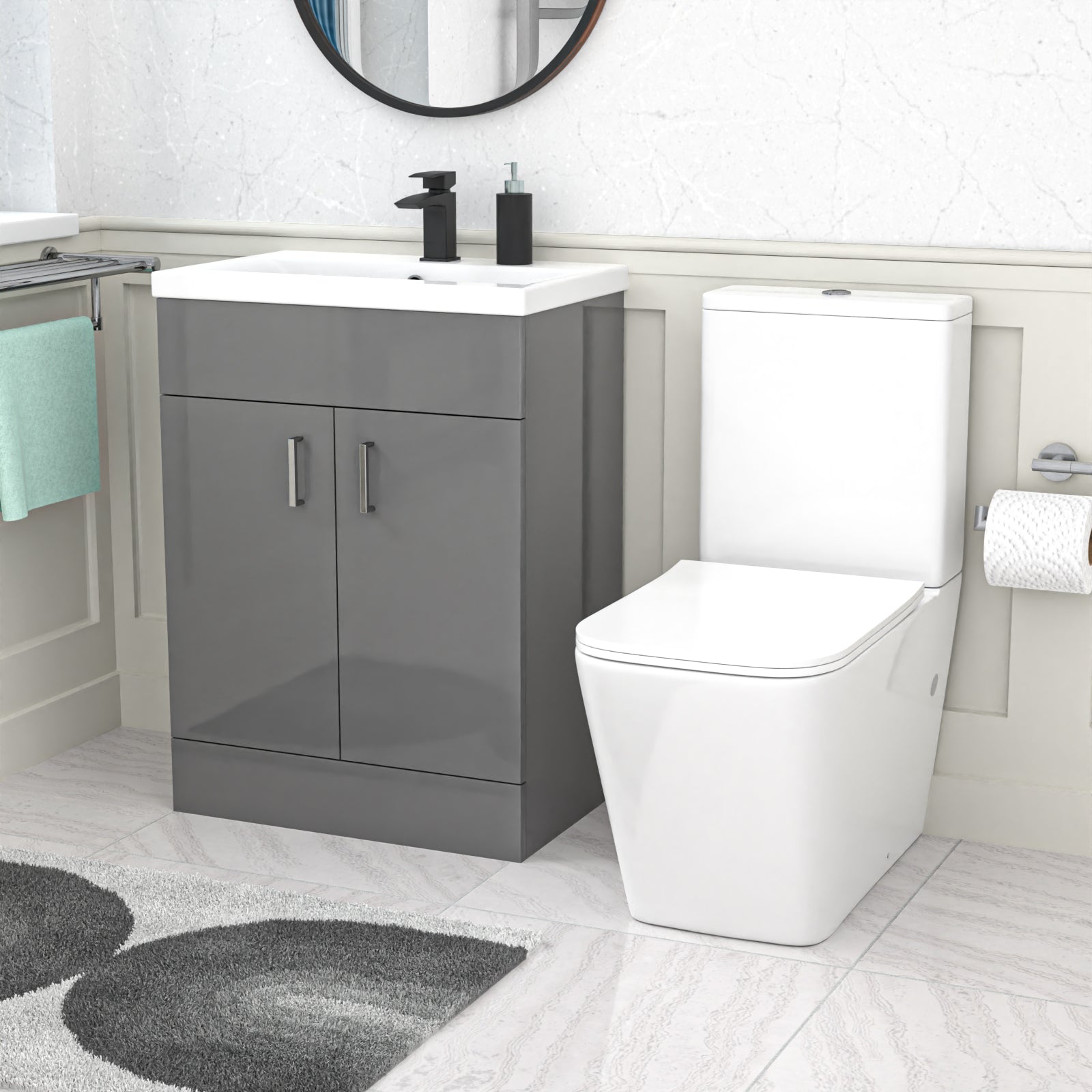 Nanuya 600mm Grey Basin Vanity & Rimless Square Close Coupled Toilet