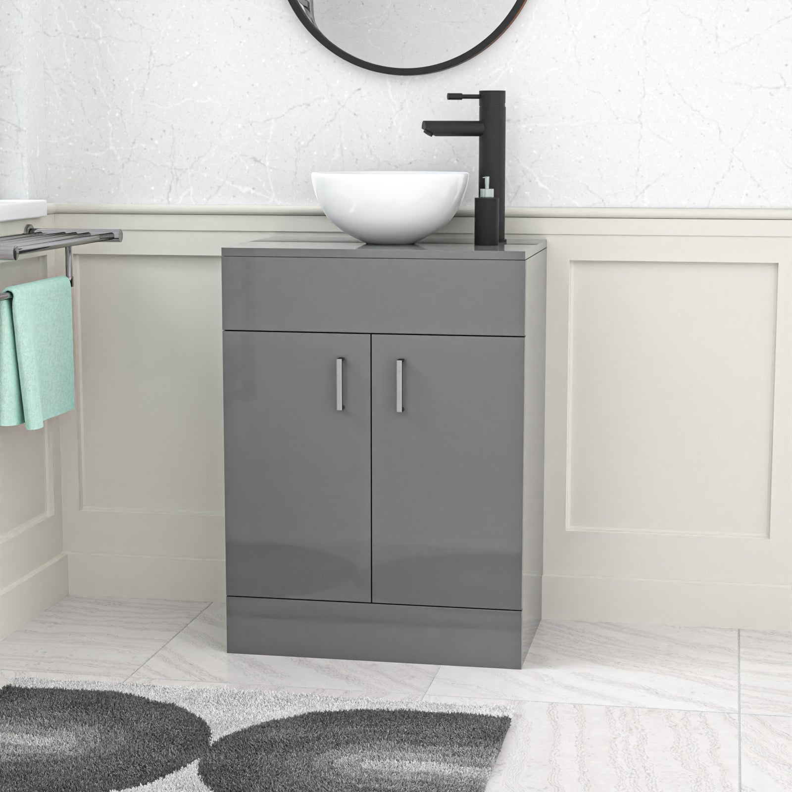 Nanuya 600mm Bathroom Doors Vanity Unit Grey Round Ceramic Basin