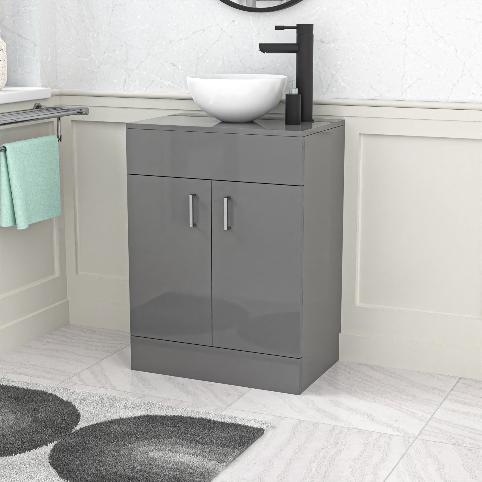 Nanuya 600mm Bathroom Doors Vanity Unit Grey Round Ceramic Basin