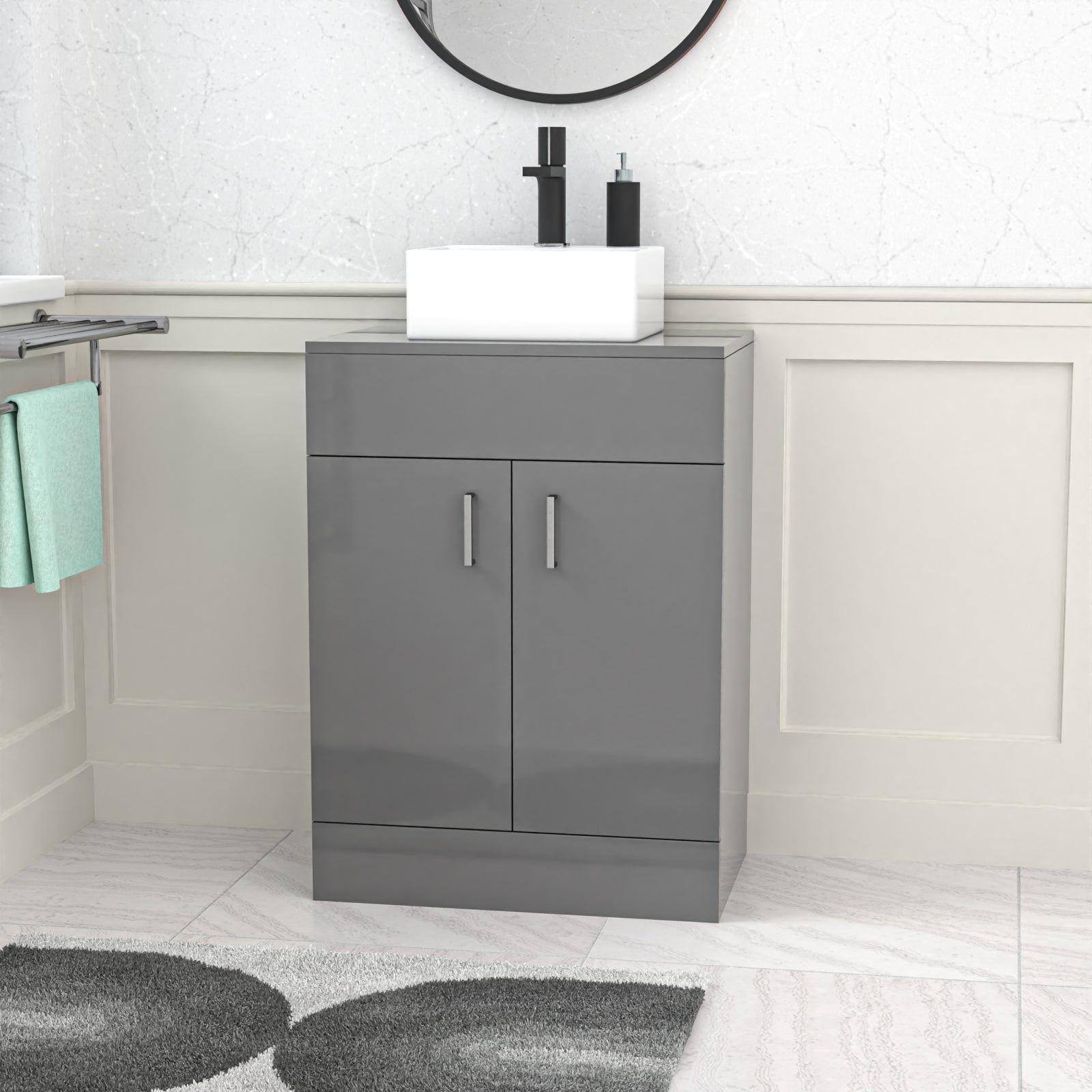 Nanuya Grey 600mm Bathroom Doors Vanity Unit Rectangle Ceramic Basin