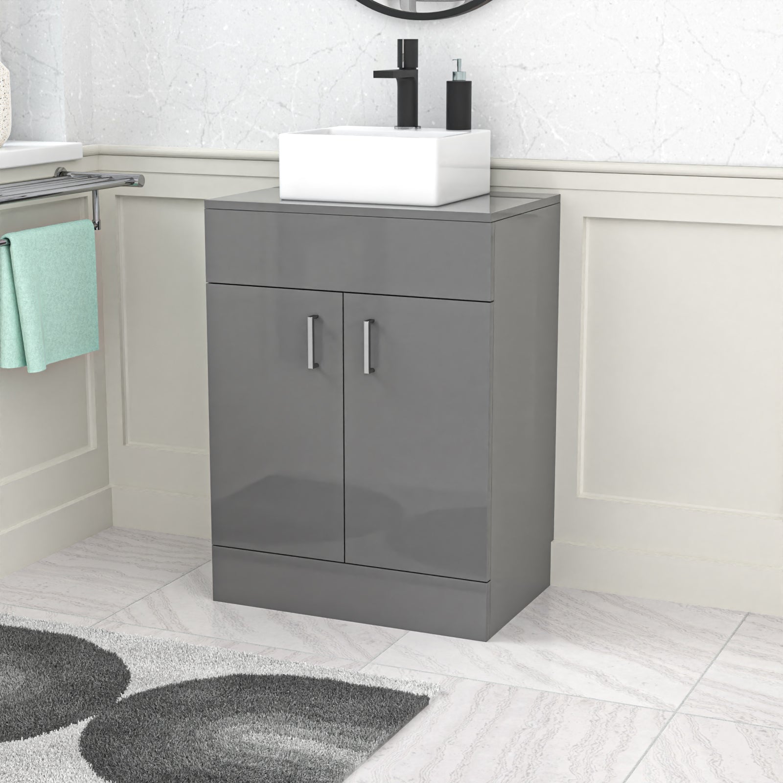 Nanuya Grey 600mm Bathroom Doors Vanity Unit Rectangle Ceramic Basin