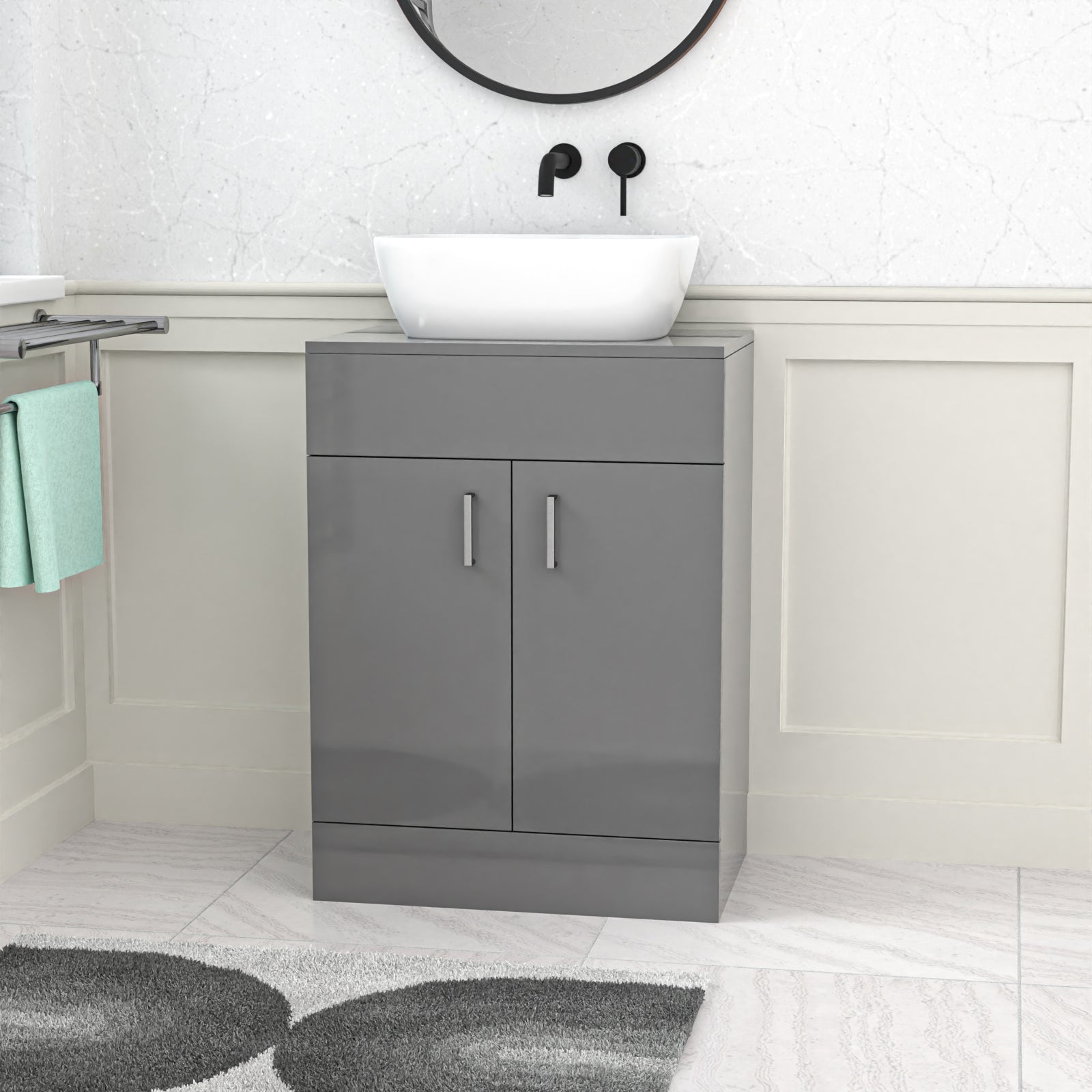 Nanuya Grey 600mm Bathroom Doors Vanity Unit Rounded Rectangle Basin