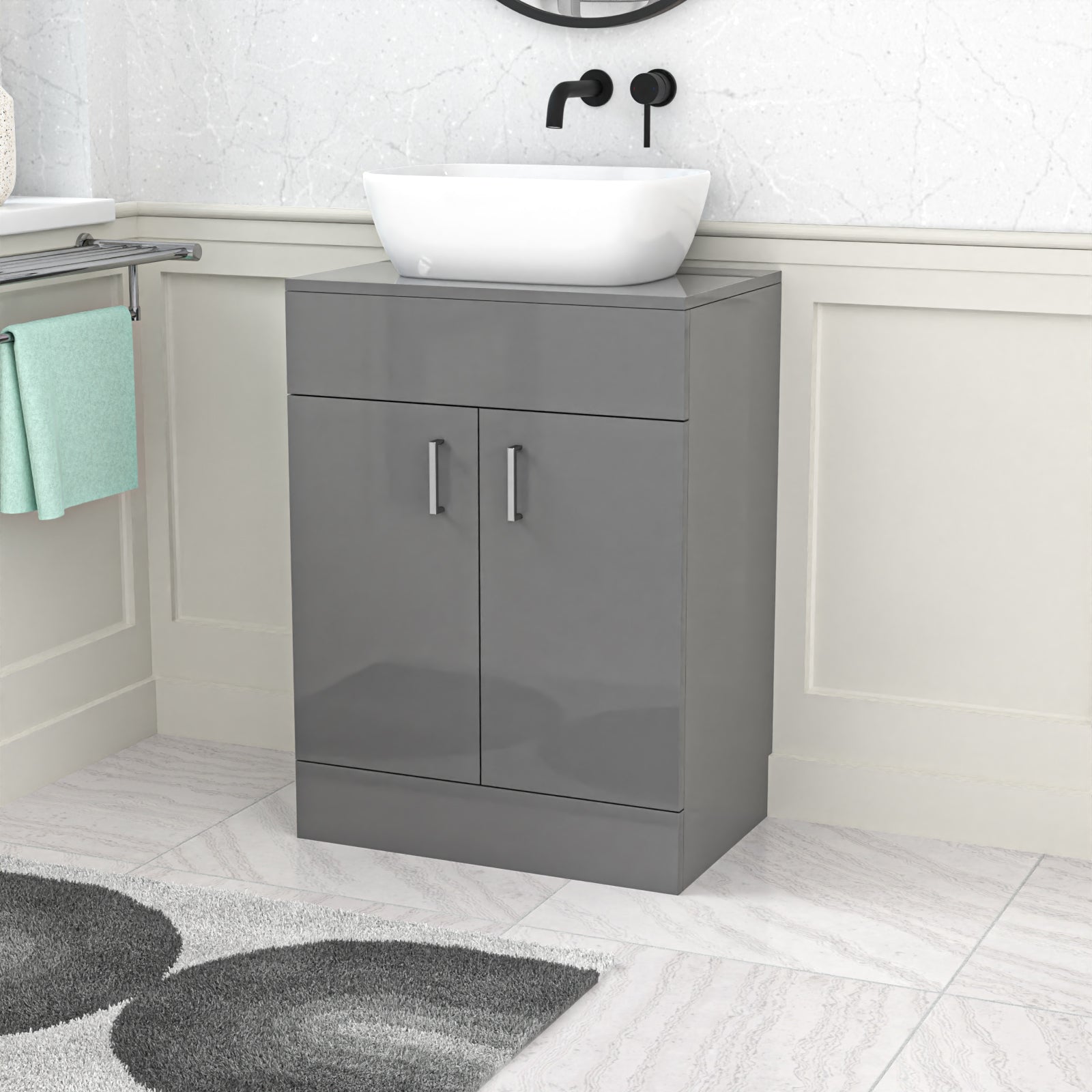 Nanuya Grey 600mm Bathroom Doors Vanity Unit Rounded Rectangle Basin