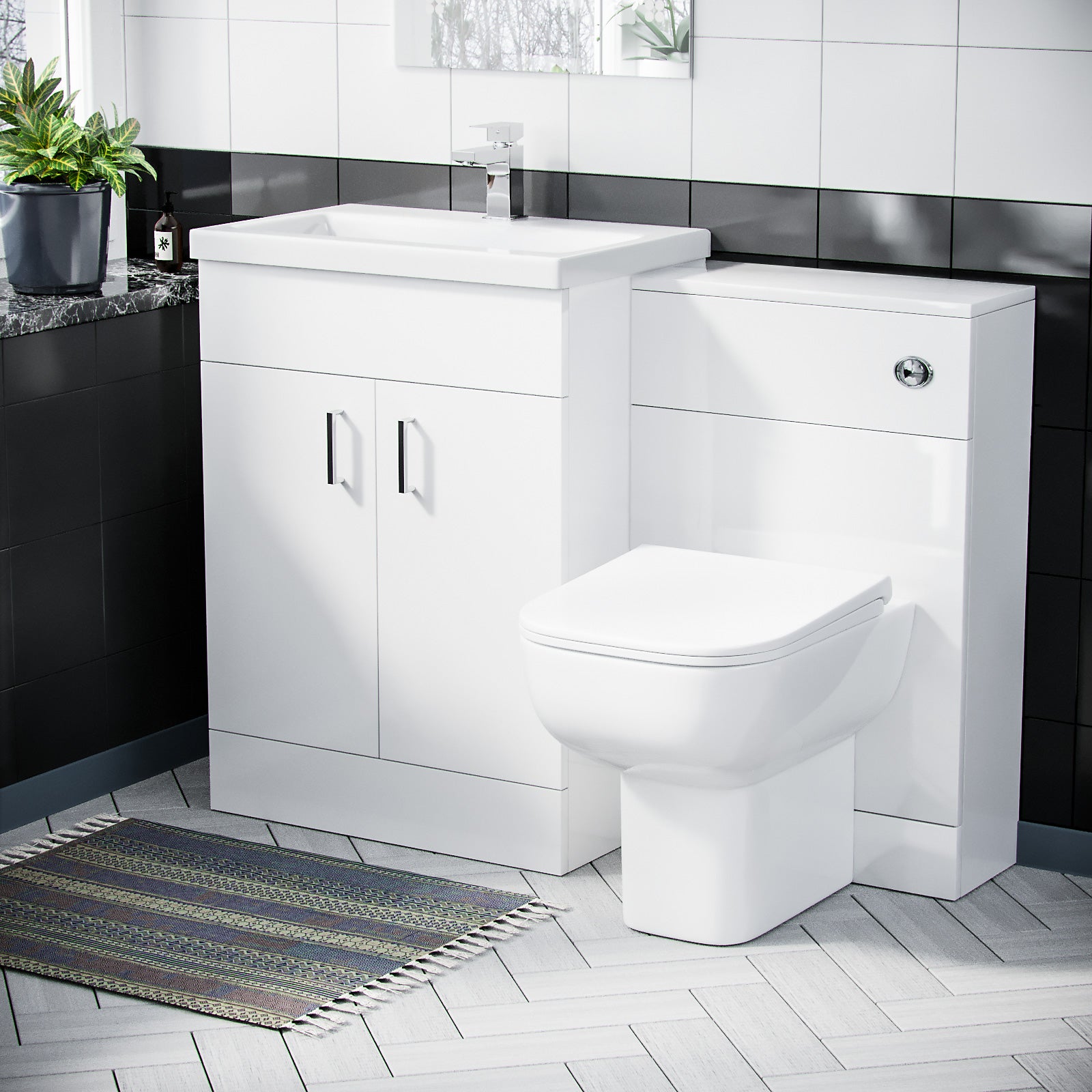 Nanuya White 600mm Basin Sink Vanity WC Unit & Rimless BTW Toilet Pan