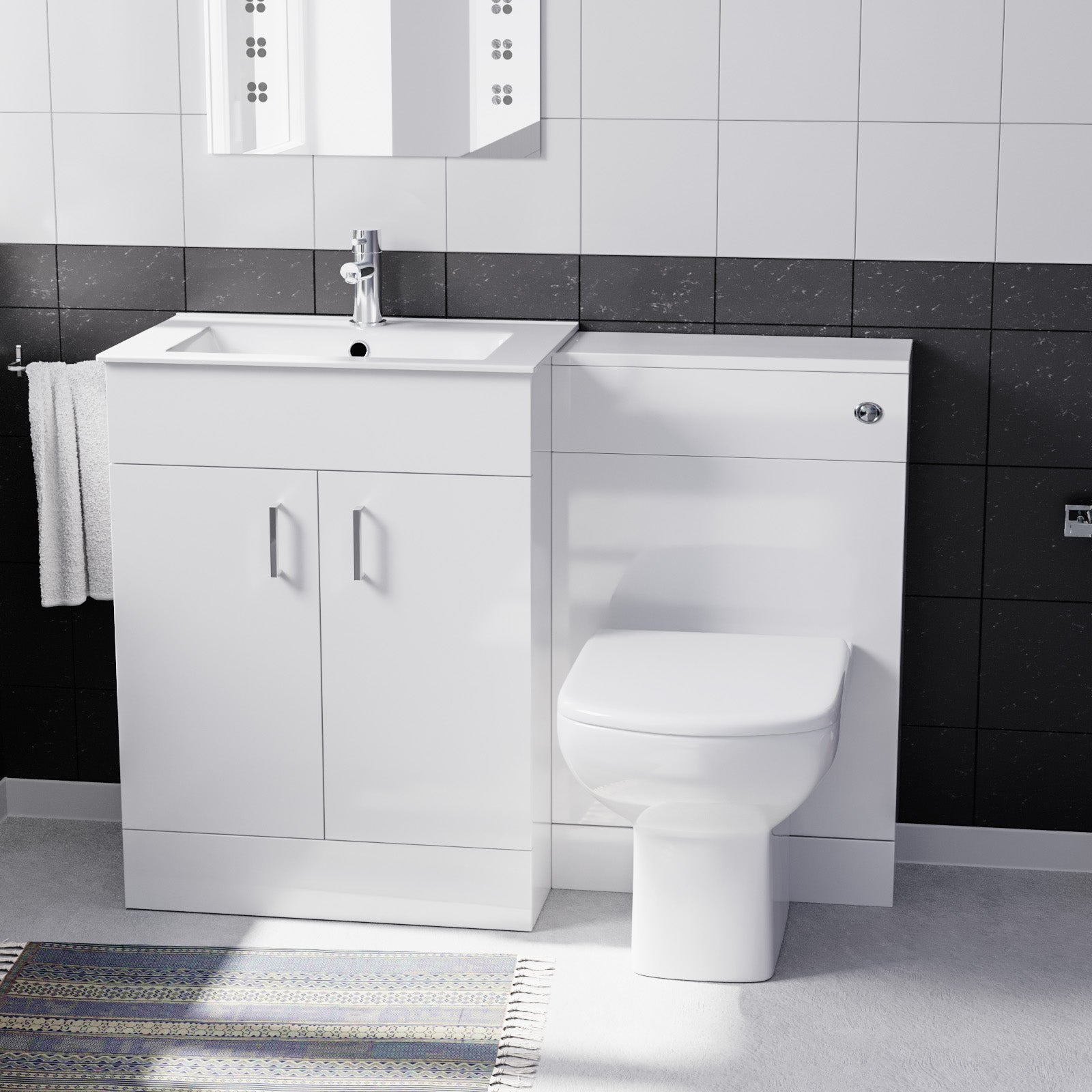 Nanuya White 1100mm Slim Basin Vanity, WC Unit & Rimless BTW Toilet