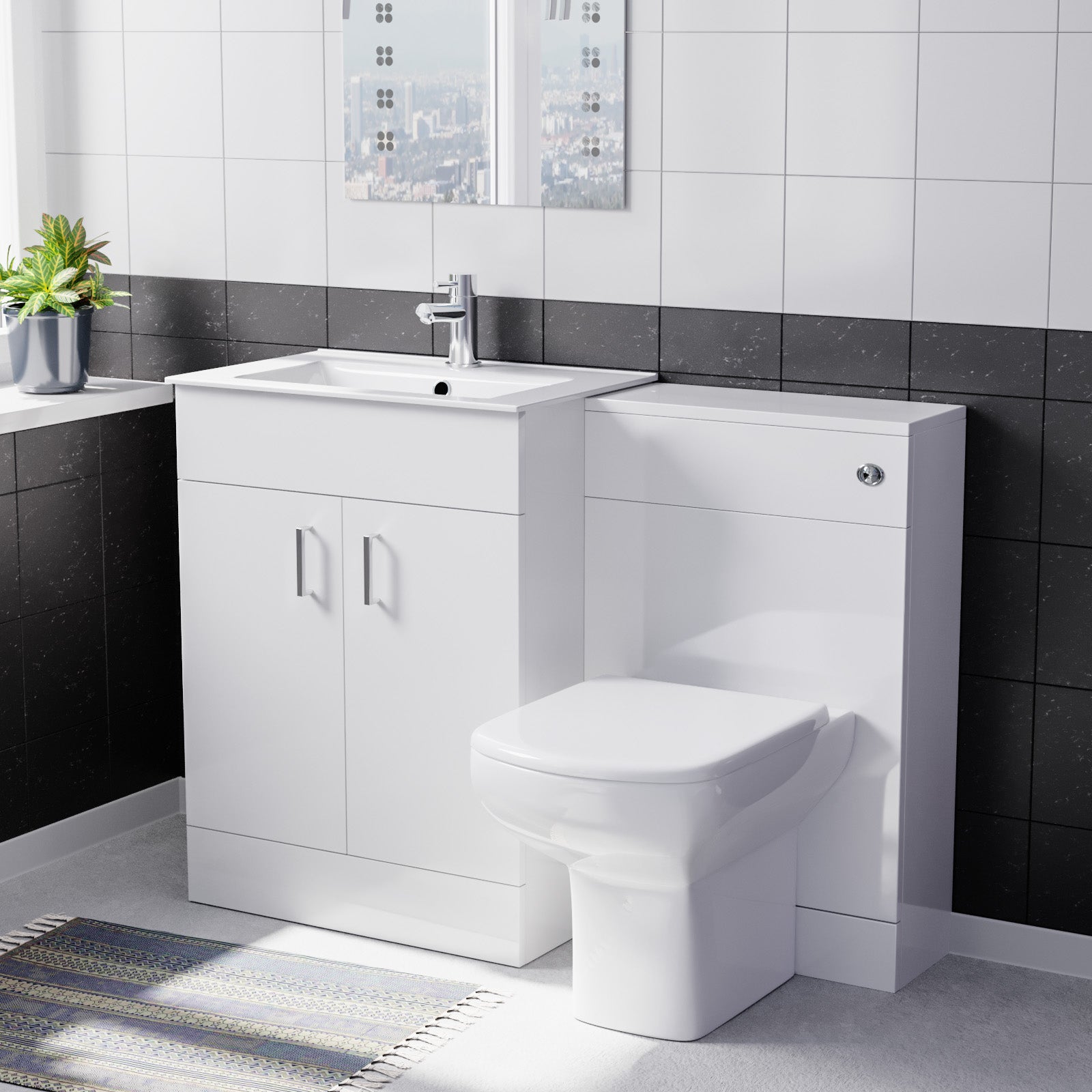 Nanuya White 1100mm Slim Basin Vanity, WC Unit & Rimless BTW Toilet