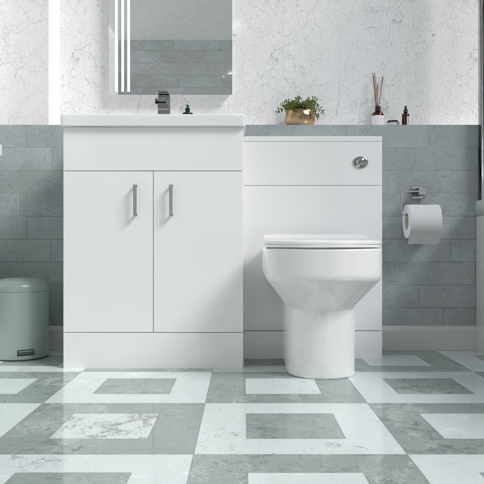 Nanuya 1100mm White Vanity Basin Cabinet, WC Unit & Back To Wall Toilet