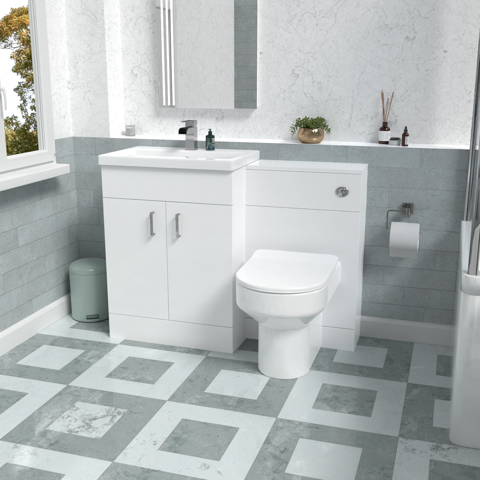 Nanuya 1100mm White Vanity Basin Cabinet, WC Unit & Back To Wall Toilet