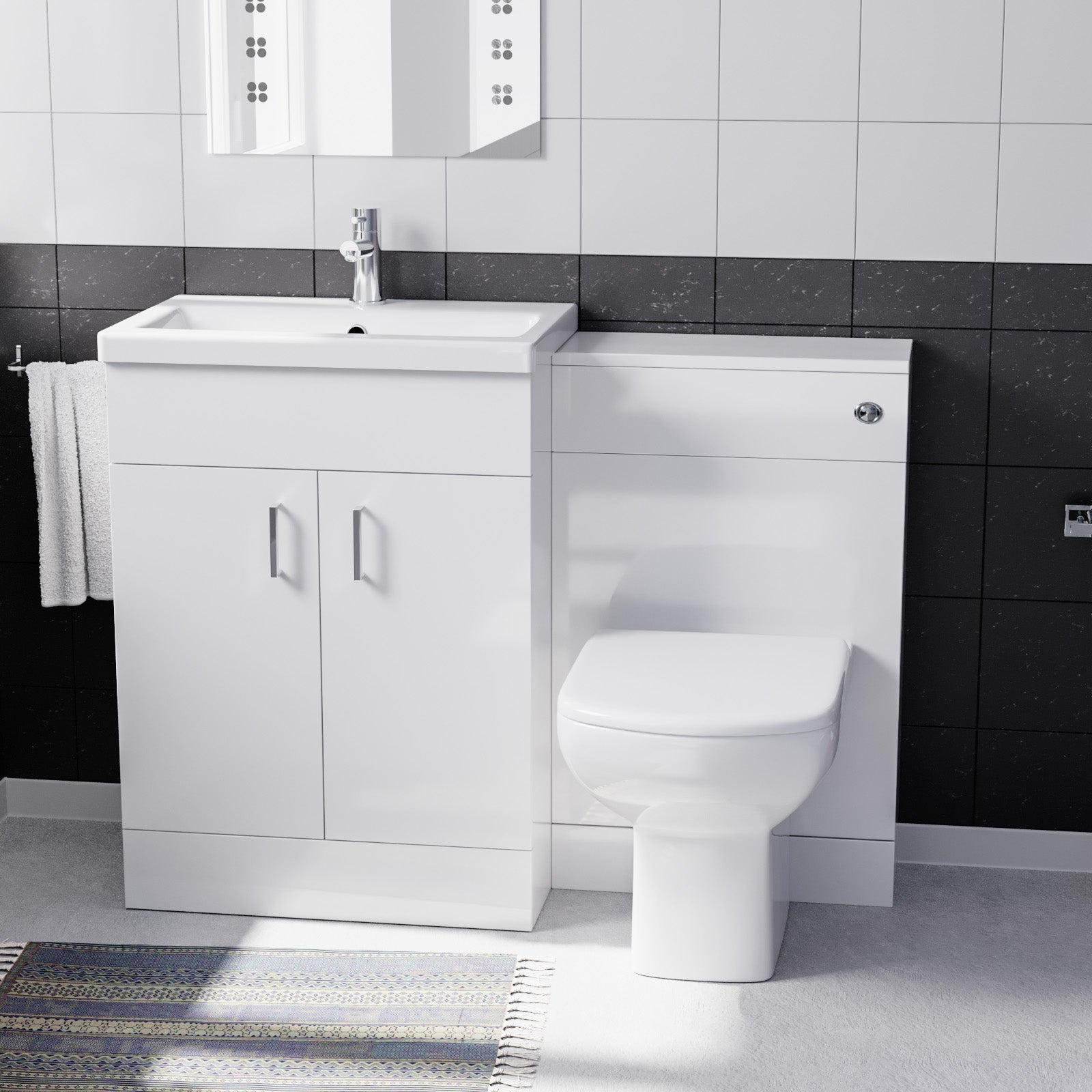 Nanuya White 1100mm Basin Doors Vanity, WC Unit & Rimless BTW Toilet