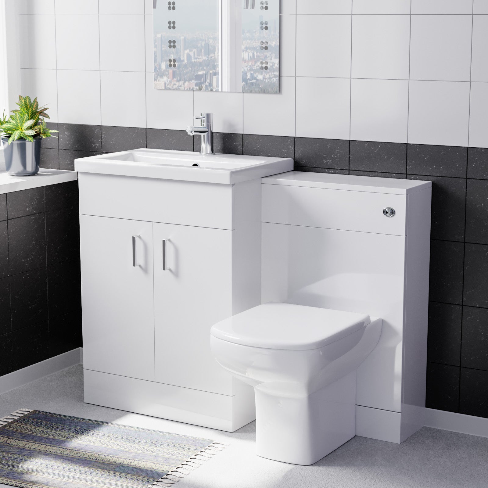 Nanuya White 1100mm Basin Doors Vanity, WC Unit & Rimless BTW Toilet