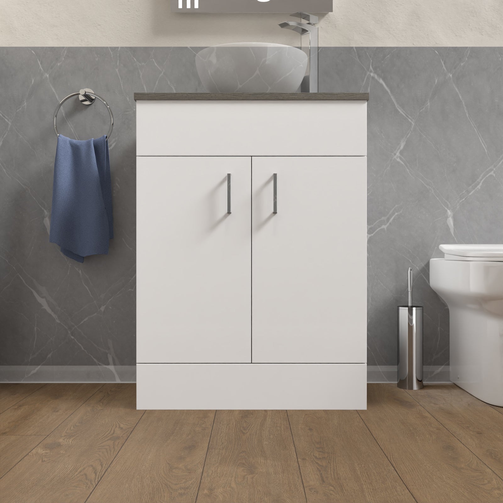 Nanuya 600mm White Vanity Unit Cabinet With Oak Worktop