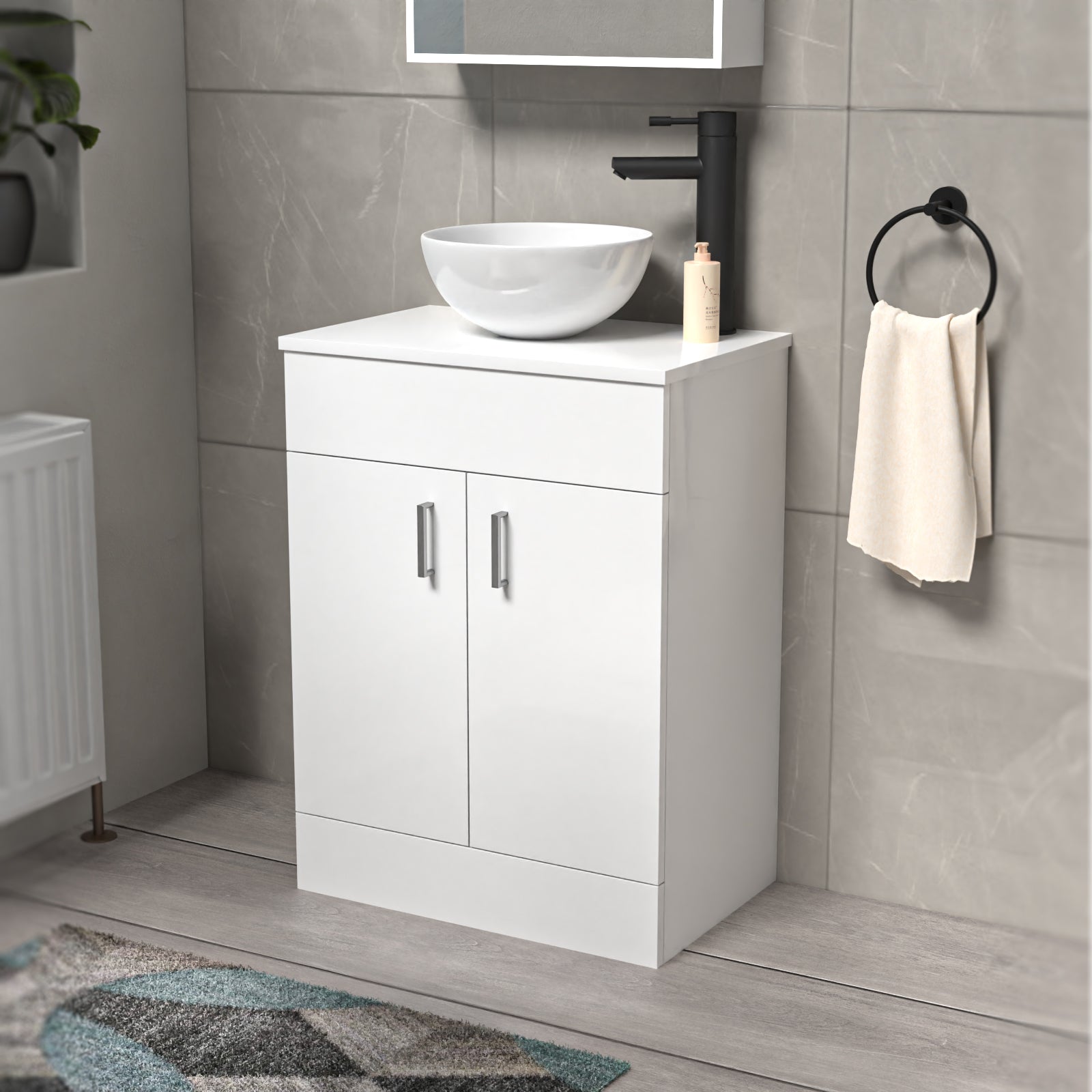 Nanuya White 600mm Bathroom Doors Vanity Unit Round Ceramic Basin