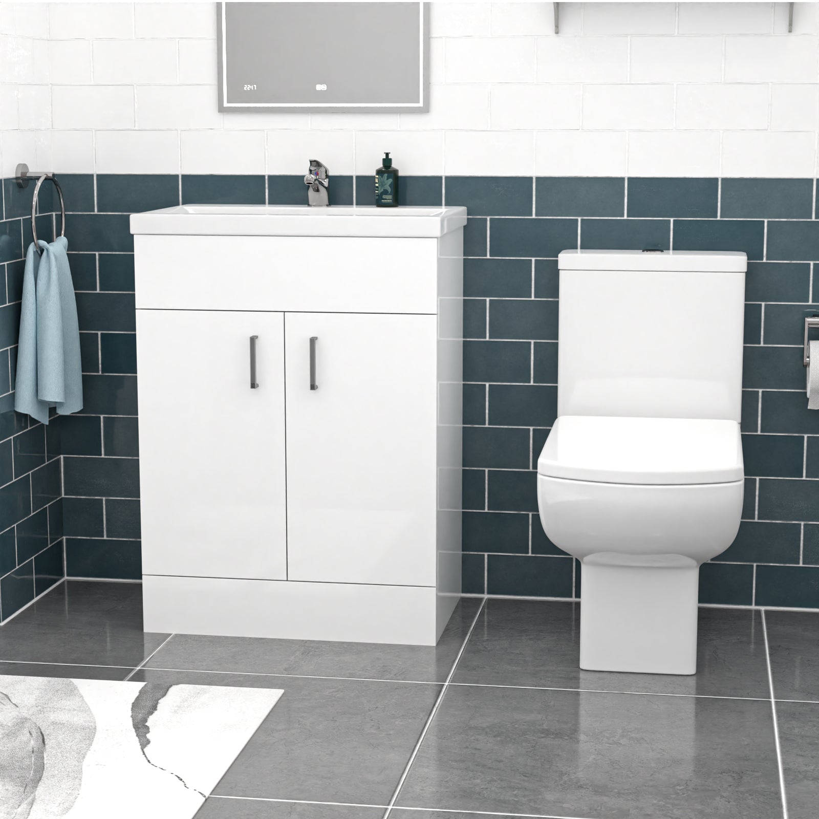 Nanuya 600mm White Basin Vanity & Square Rimless Close Coupled Toilet