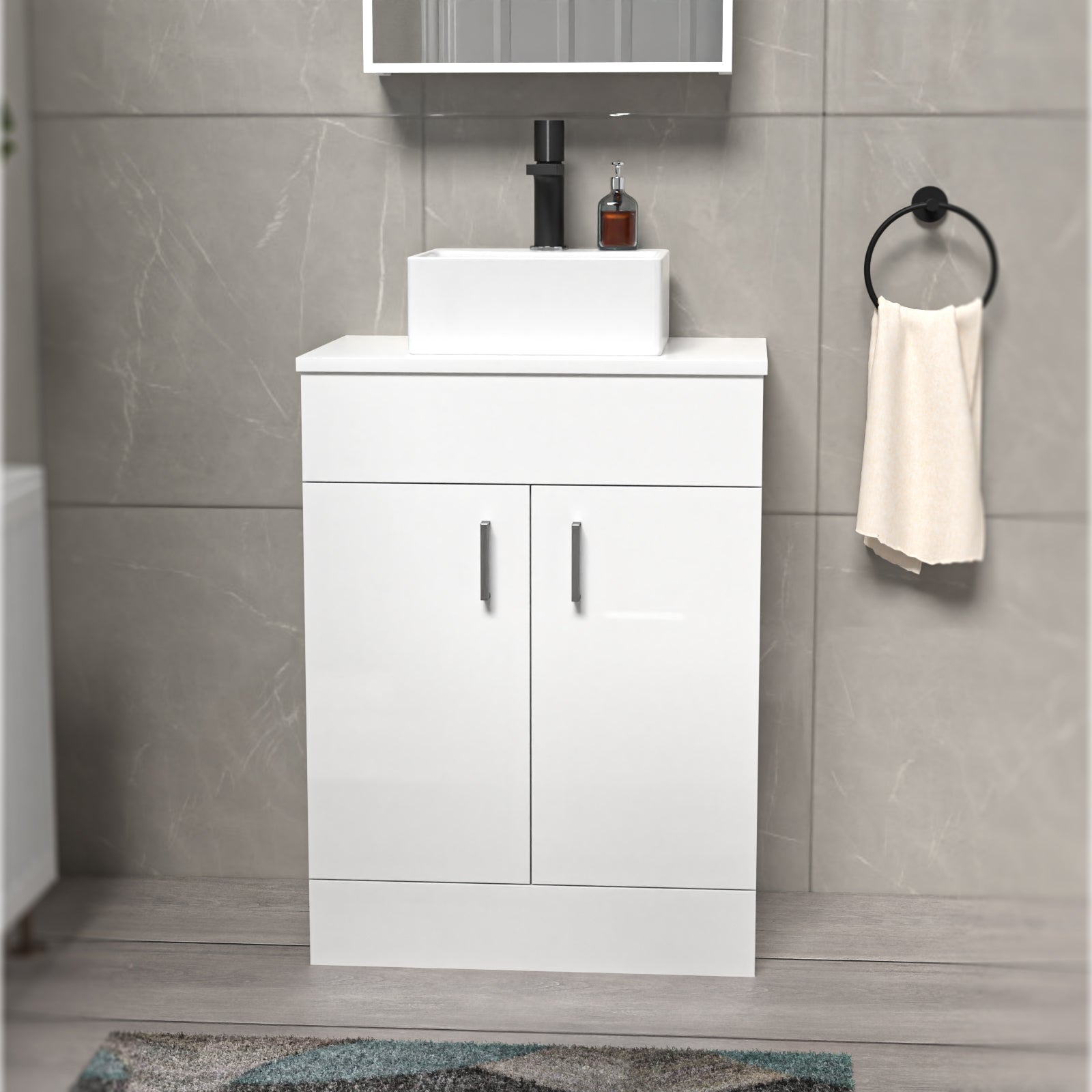 Nanuya White 600mm Bathroom Doors Vanity Unit Rectangle Ceramic Basin