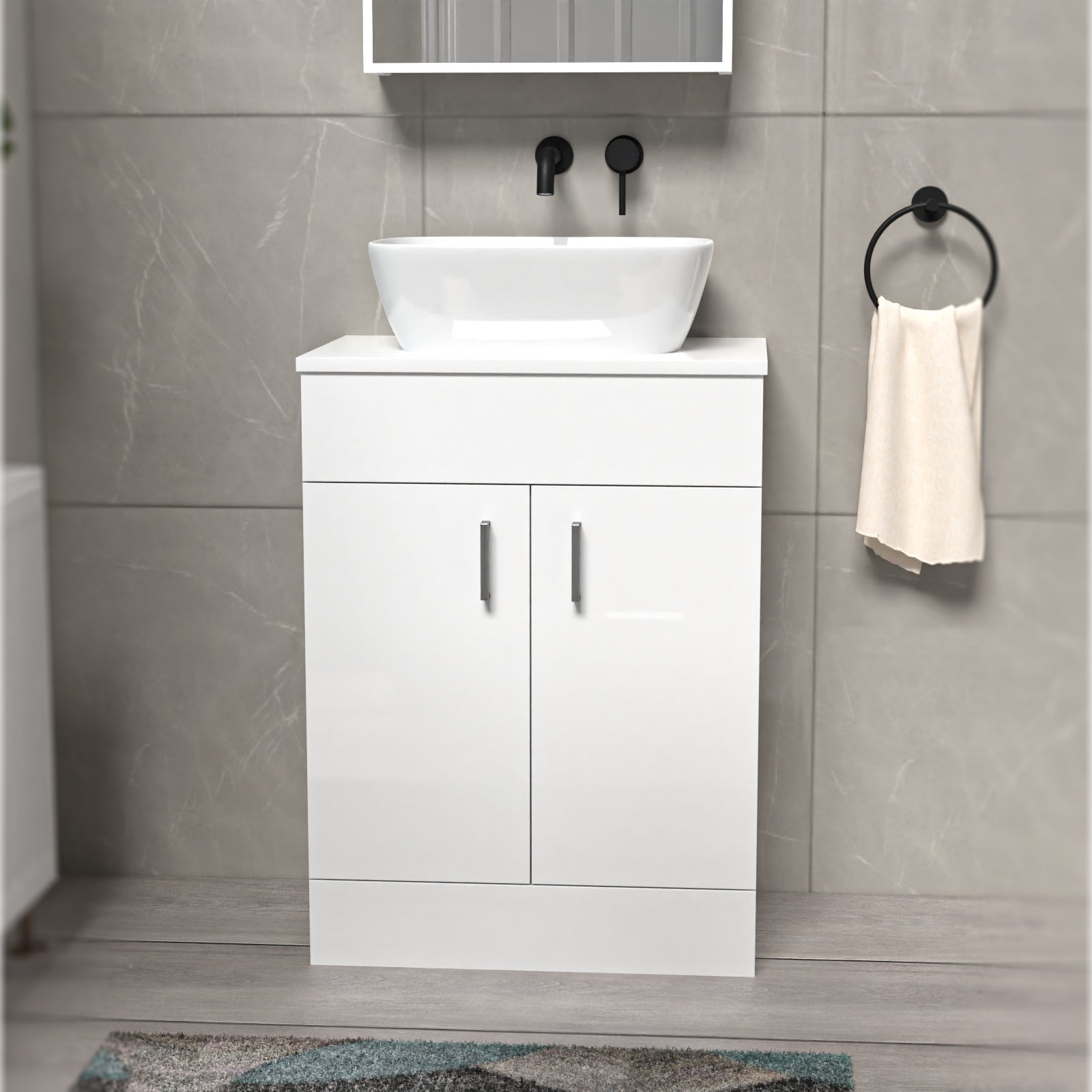 Nanuya White 600mm Bathroom Doors Vanity Unit Rounded Rectangle Basin