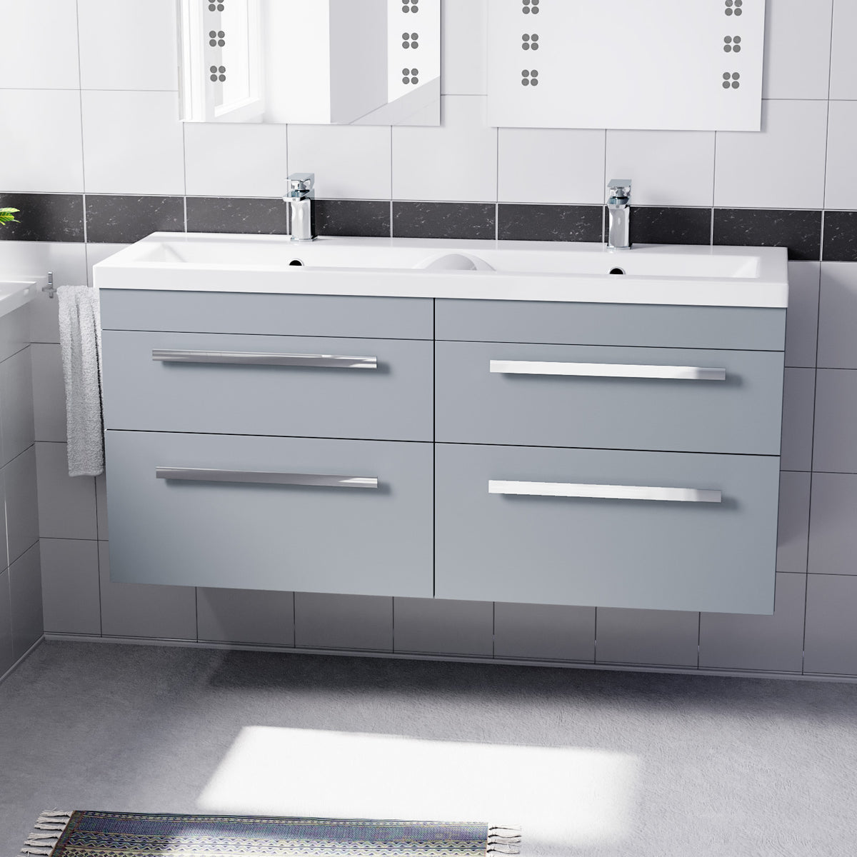Set of 2 Wall Hung 600mm Drawers Cabinet with Mid Edge Twin Basin - Matte Grey