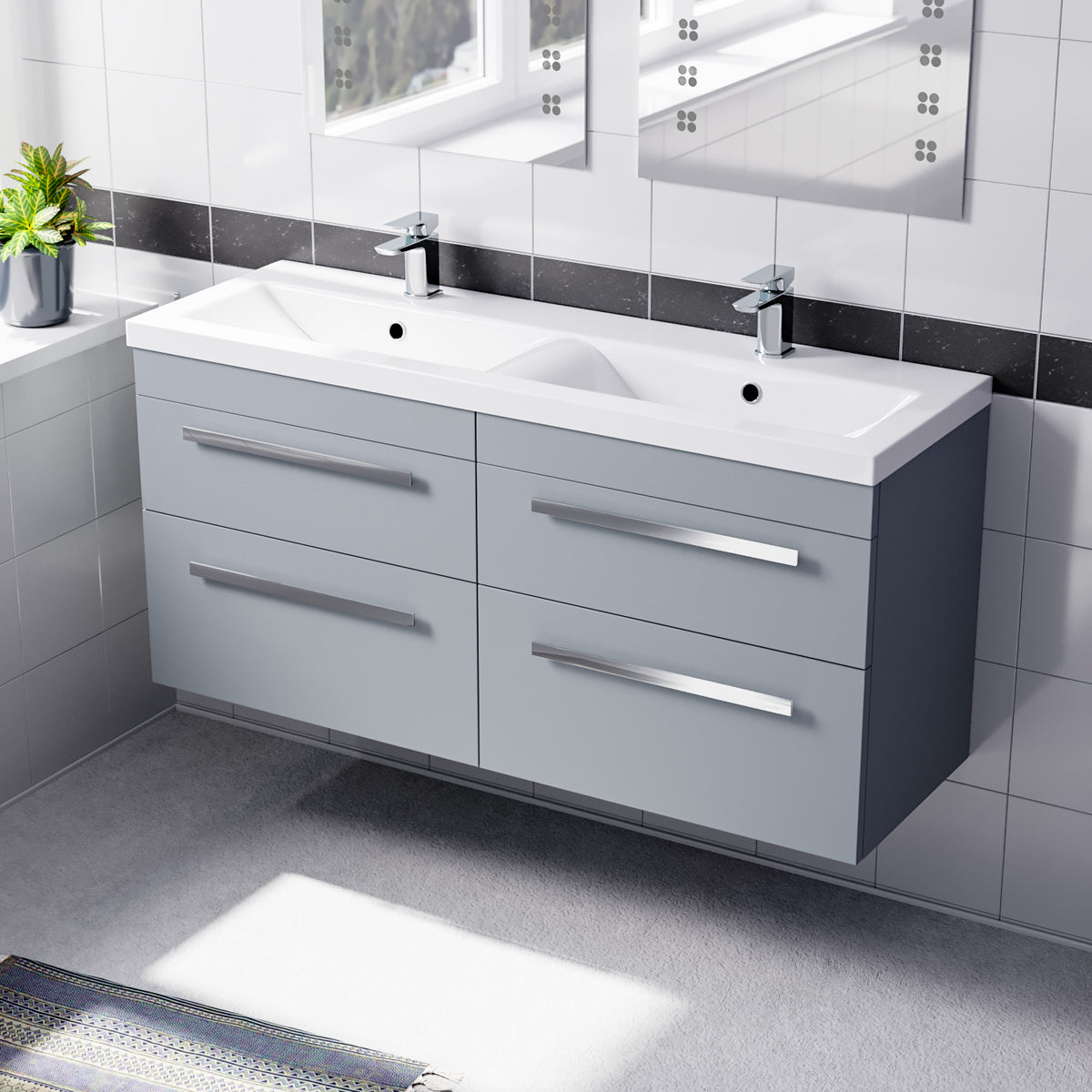 Set of 2 Wall Hung 600mm Drawers Cabinet with Mid Edge Twin Basin - Matte Grey