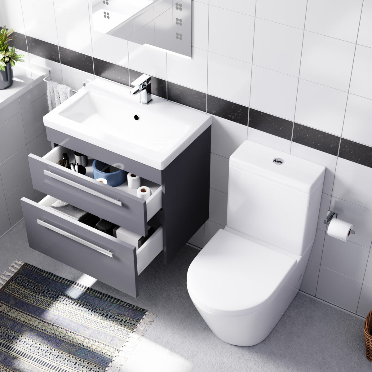 Steel Grey 600mm Wall Hung Vanity With ceramic Basin & Close Coupled Toilet