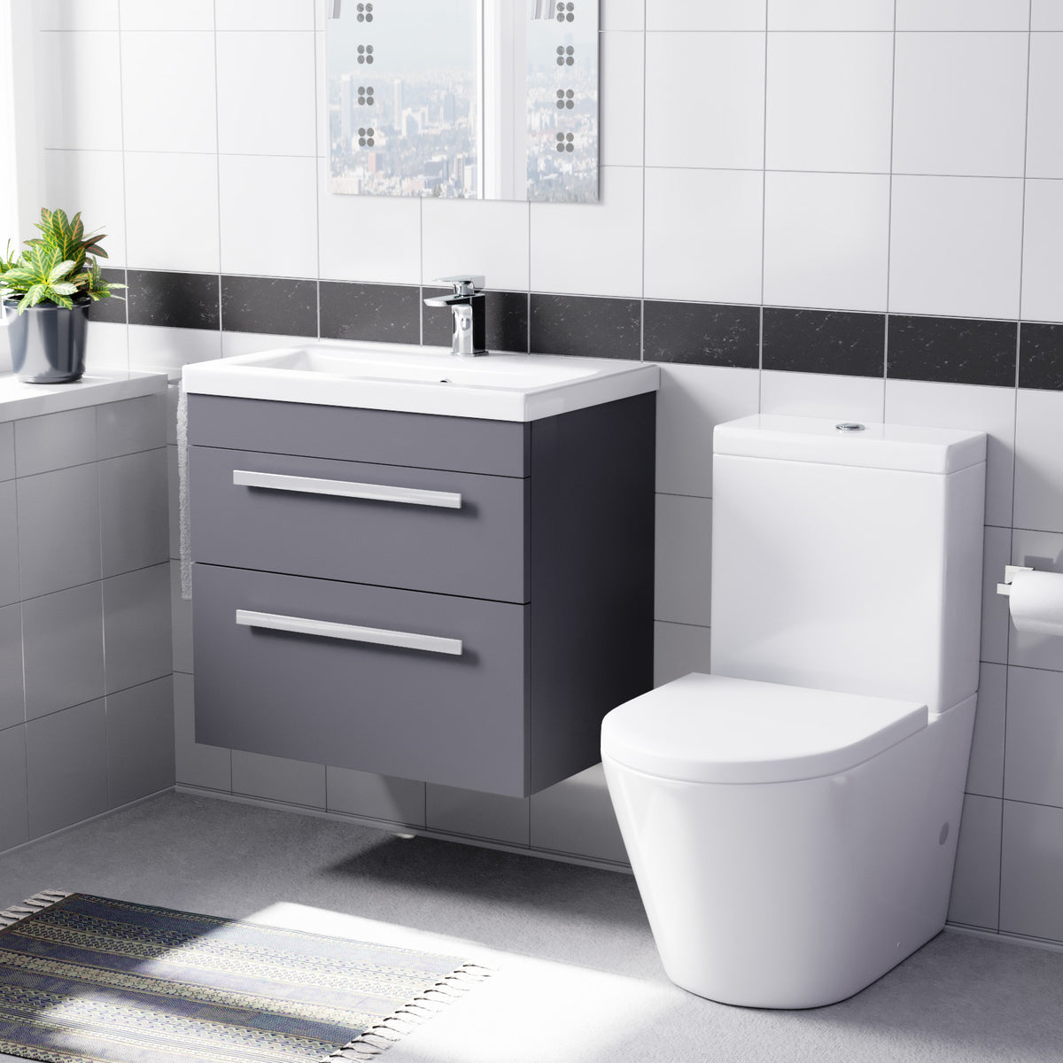 Steel Grey 600mm Wall Hung Vanity With ceramic Basin & Close Coupled Toilet