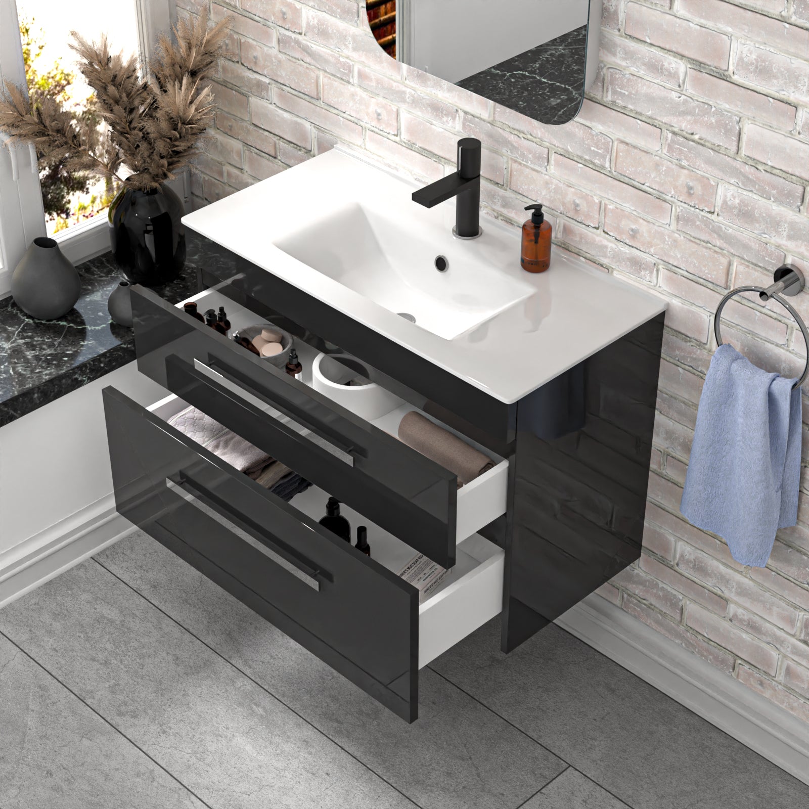 Wall Hung Cabinet 2 Drawer 800mm Anthracite with Slim Ceramic Basin