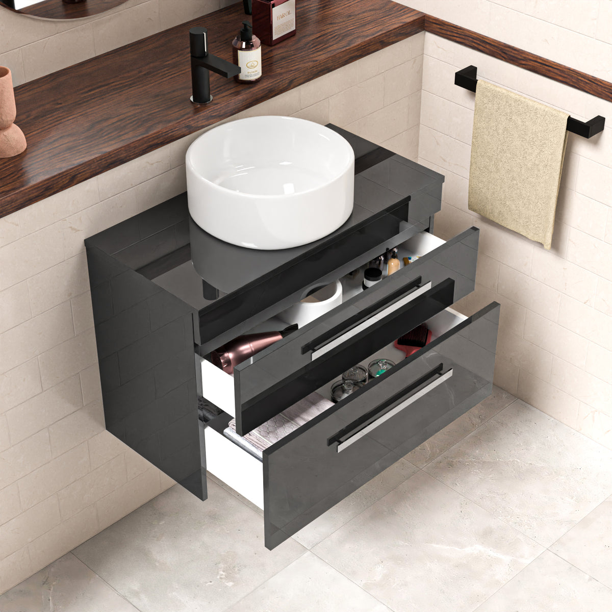 Wall Hung 800mm Drawers Cabinet With Countertop Basin and Worktop