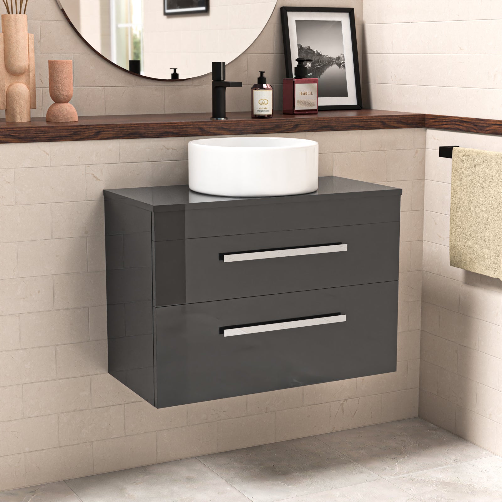 Wall Hung 800mm Drawers Cabinet With Countertop Basin and Worktop