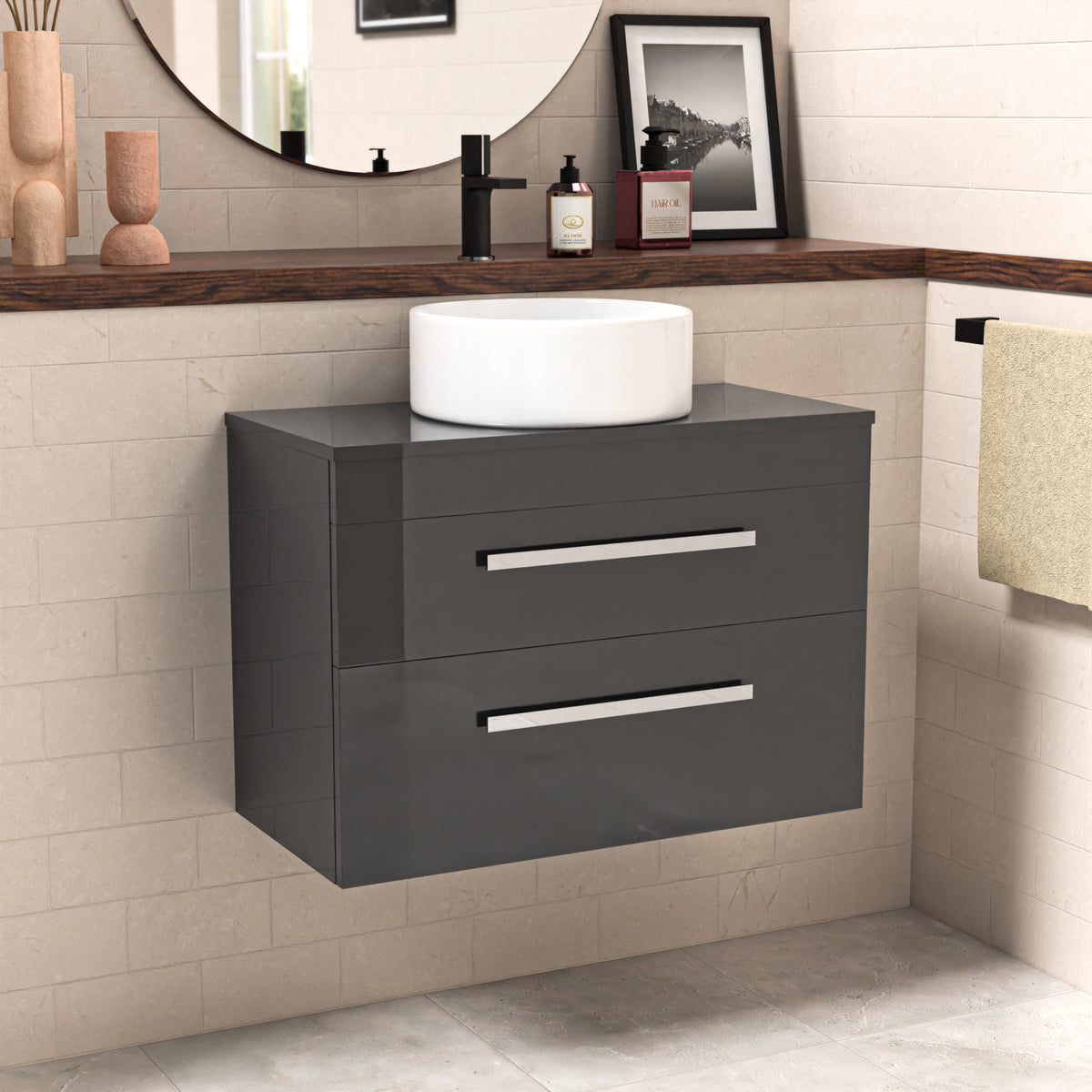 Wall Hung 800mm Drawers Cabinet With Countertop Basin and Worktop