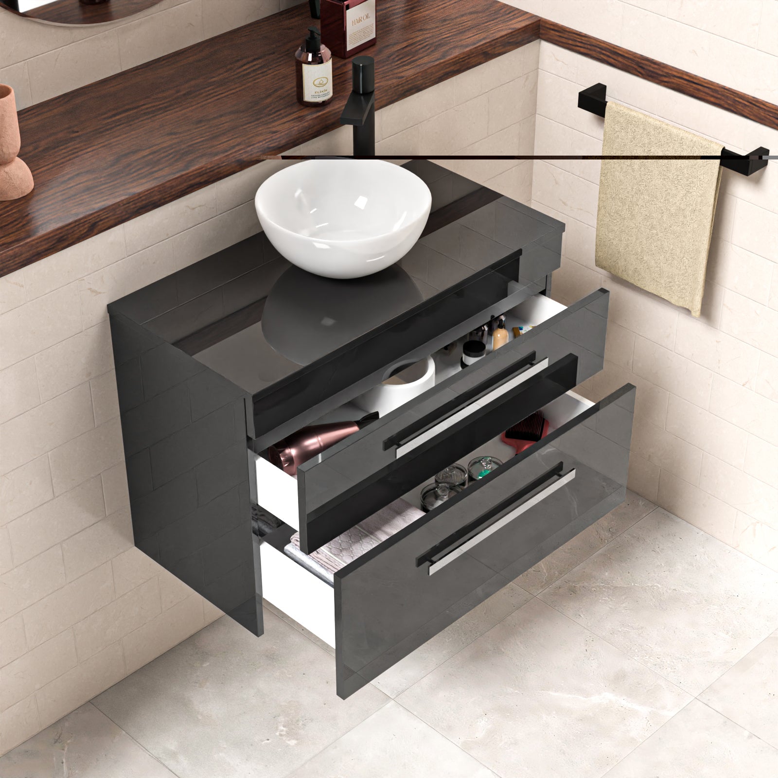 Wall Hung 800mm Cabinet With Countertop Round Basin and Worktop