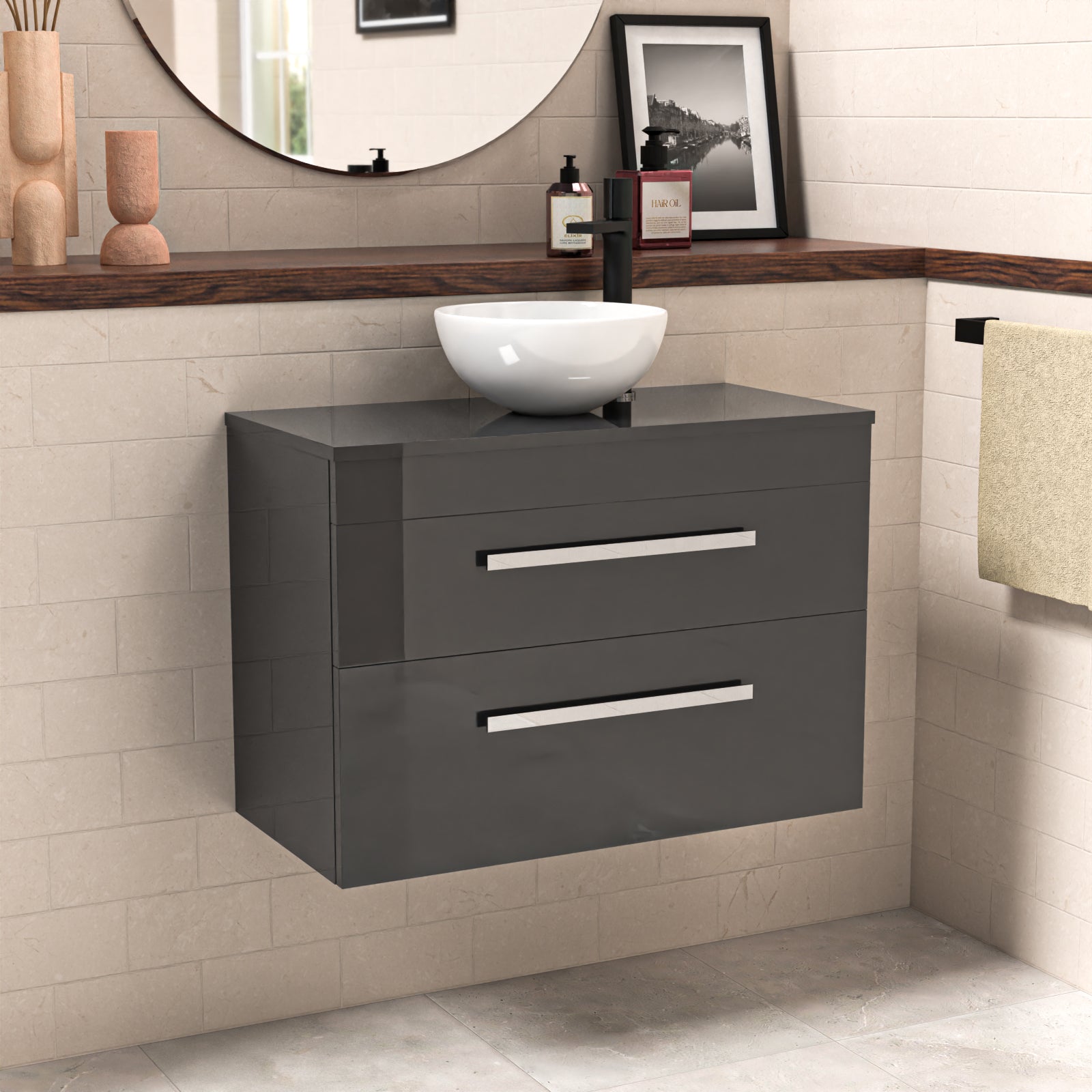 Wall Hung 800mm Cabinet With Countertop Round Basin and Worktop