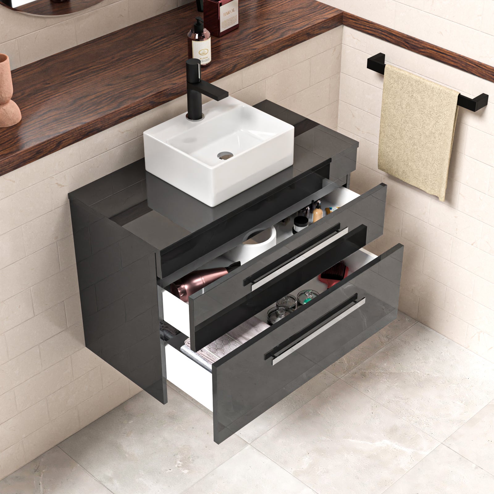 Wall Hung 800mm Anthracite Cabinet With Countertop Basin and Worktop