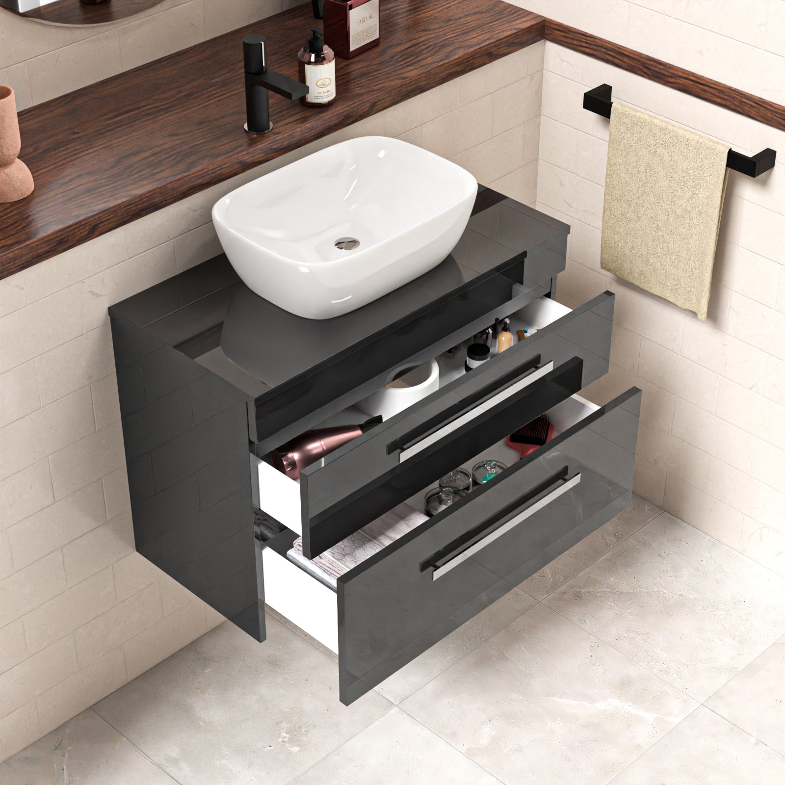 Wall Hung 800mm Anthracite Cabinet With Basin and Worktop