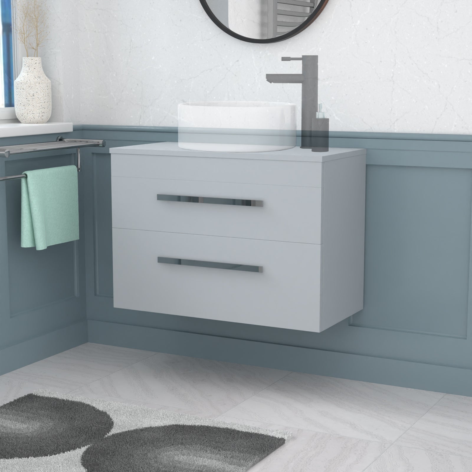 Wall Hung 800mm 2 Drawer Cabinet With 800mm Matte Grey Worktop