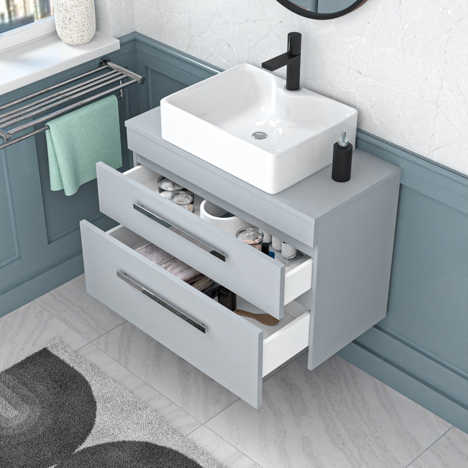 Wall Hung 800mm Matte Grey Vanity With Countertop Basin and Matte Grey Worktop