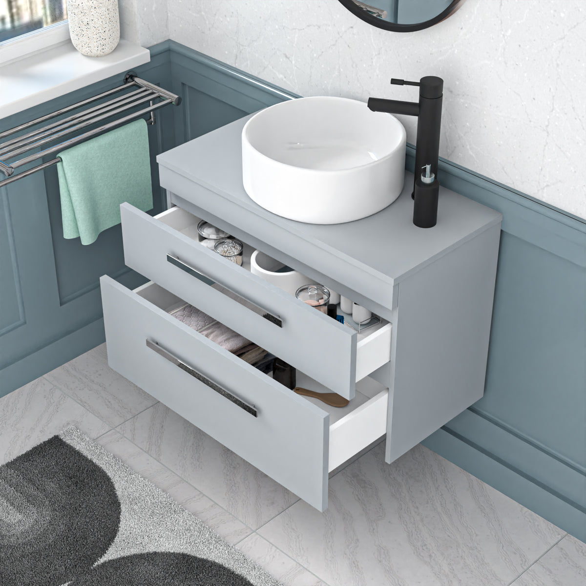 Wall Hung 800mm Matte Grey Drawers Cabinet With Basin and Worktop