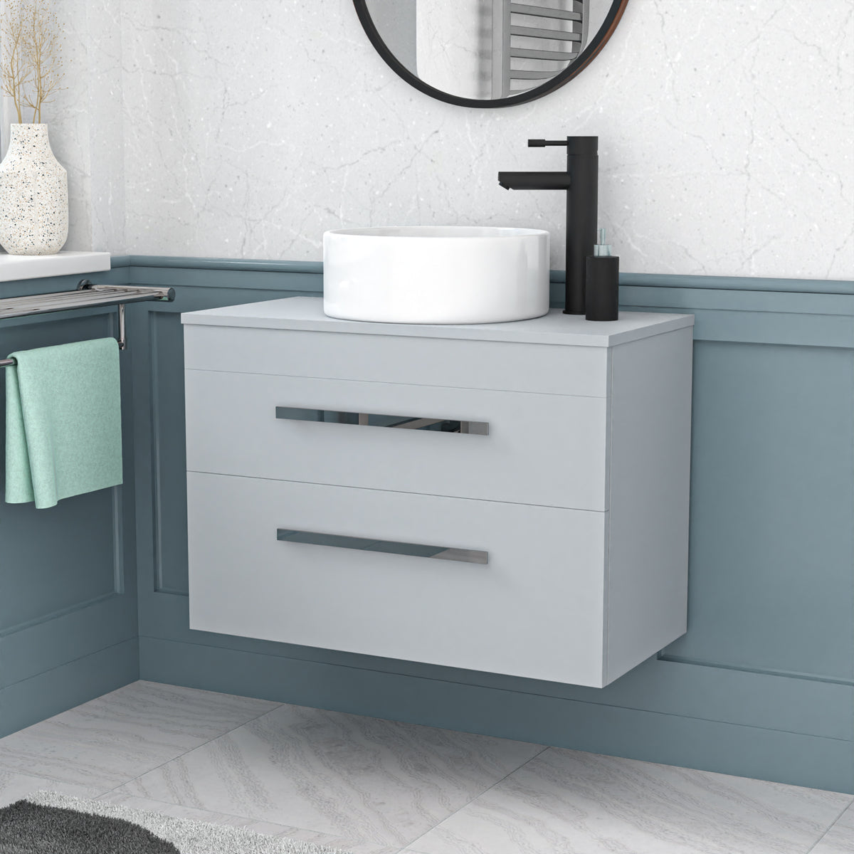 Wall Hung 800mm Matte Grey Drawers Cabinet With Basin and Worktop