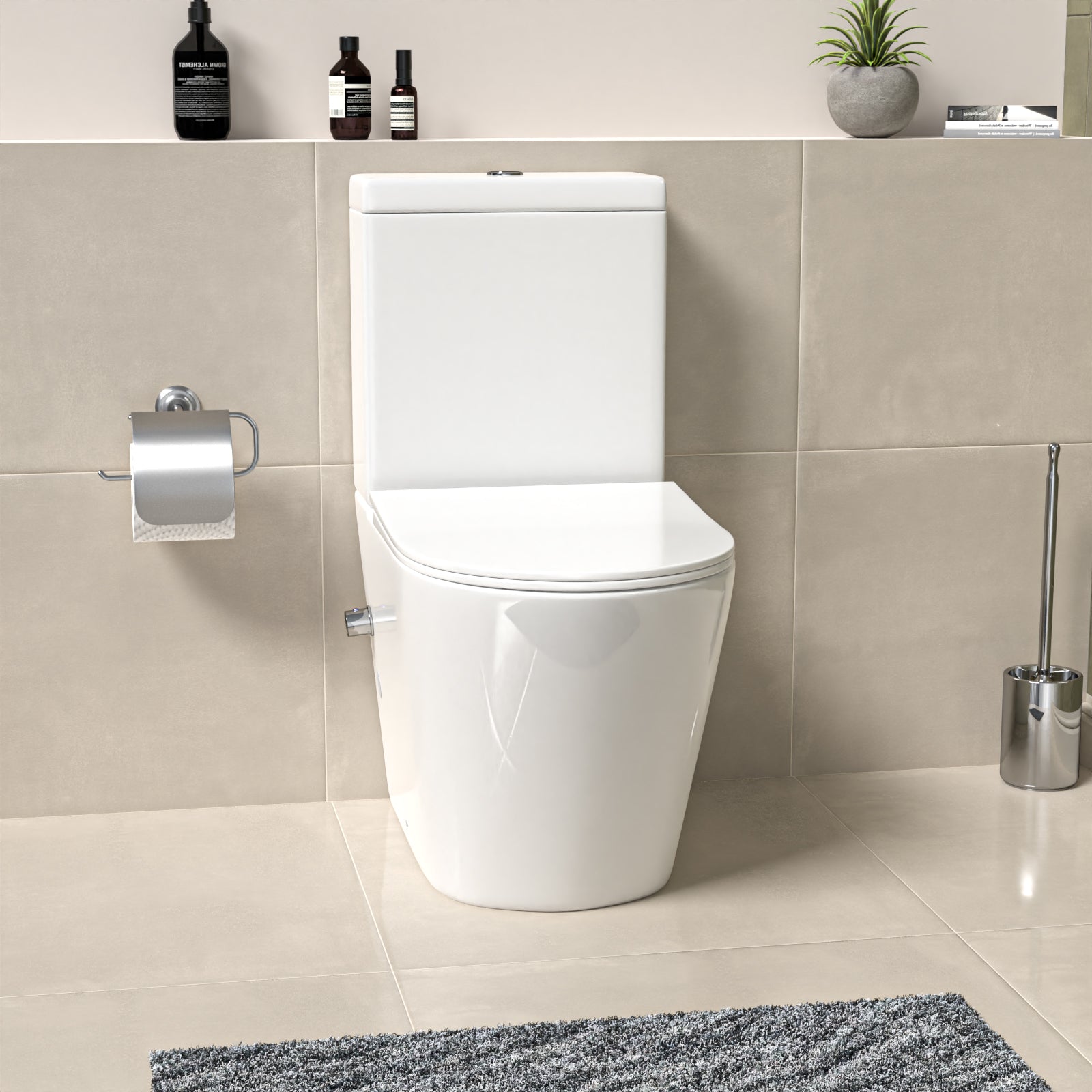 Round Rimless Close Coupled Toilet With Integrated Hot Cold Bidet Valve