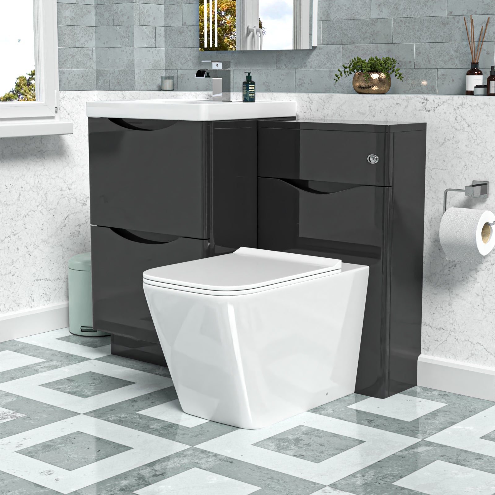 Merton Dark Grey 1000mm Freestanding Basin Vanity WC Unit & Square BTW Toilet
