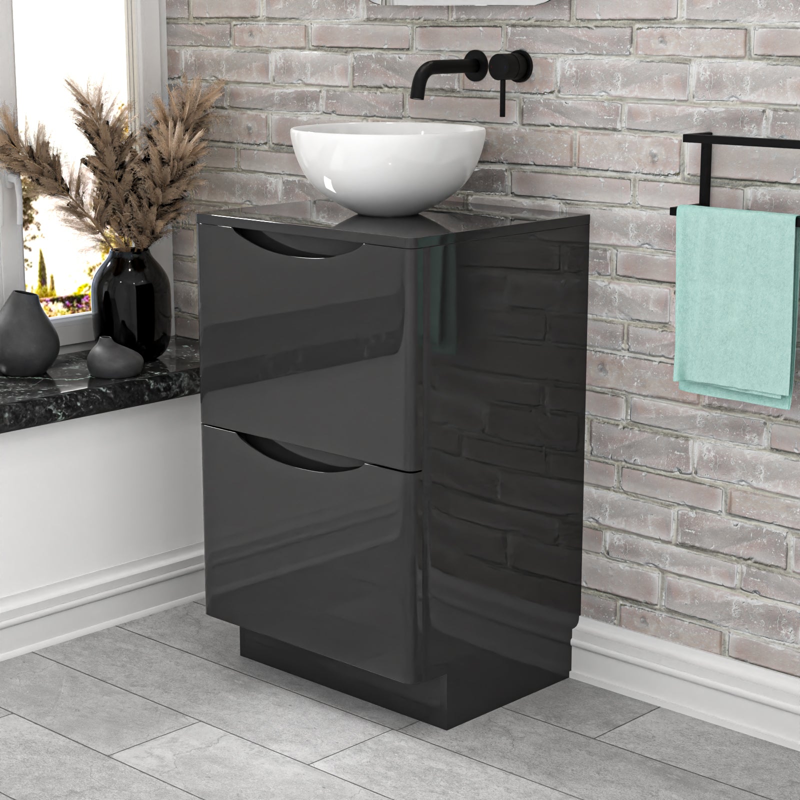 Merton Dark Grey 500mm Bathroom Freestanding Vanity Unit Round Ceramic Basin