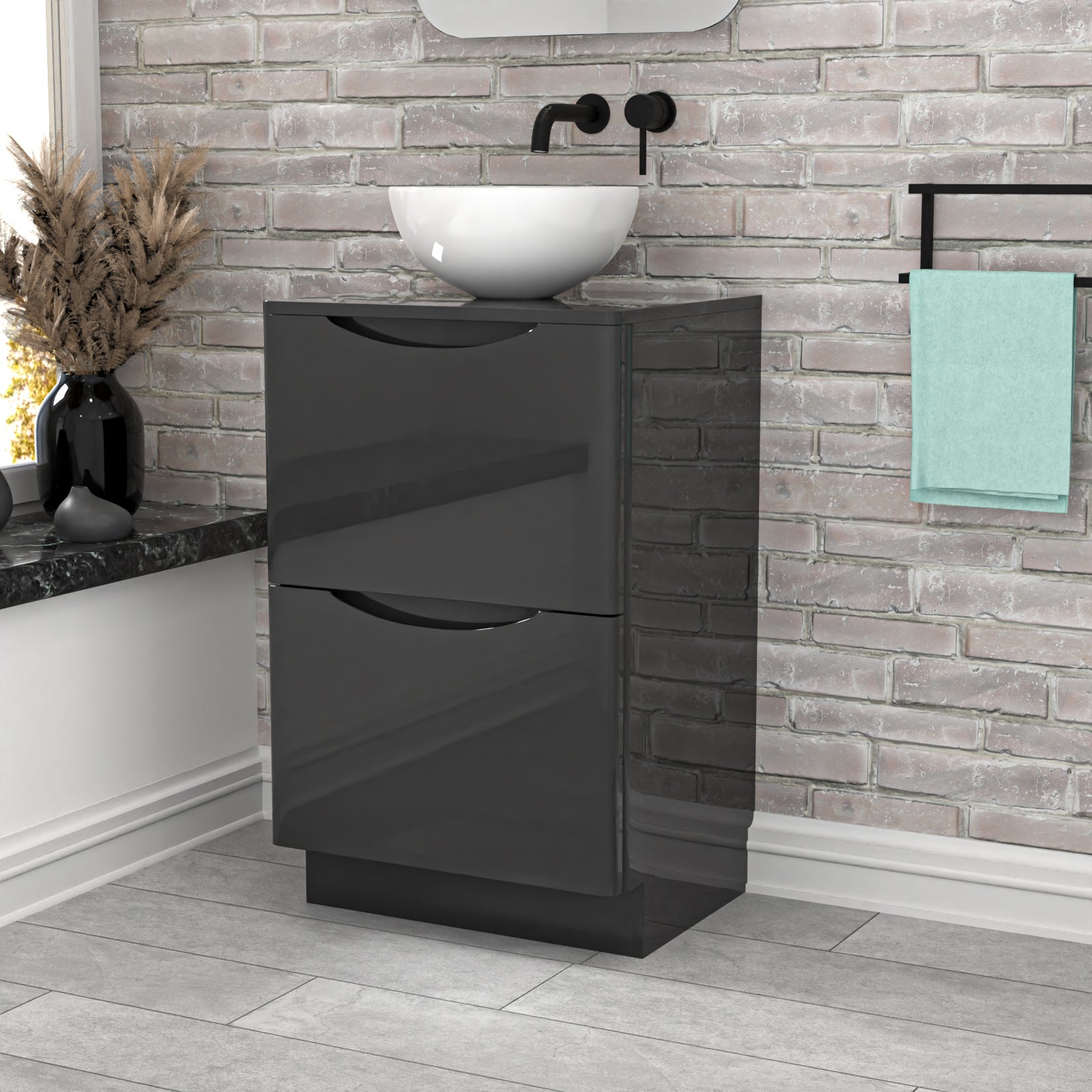 Merton Dark Grey 500mm Bathroom Freestanding Vanity Unit Round Ceramic Basin
