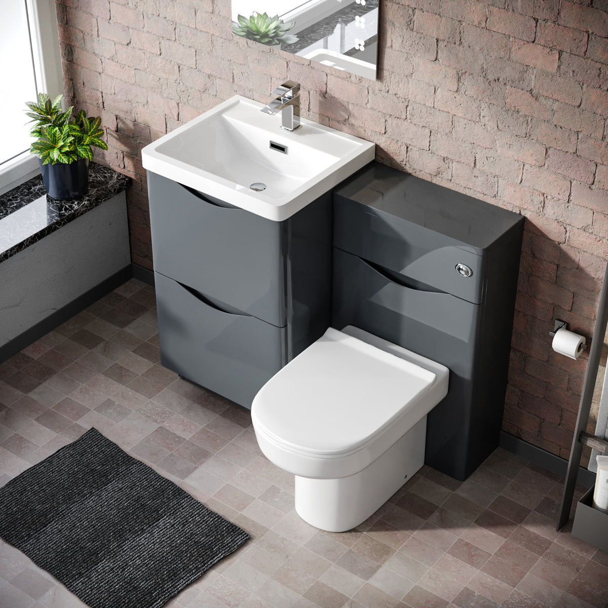Merton 1000mm 2 Drawer Vanity Basin Unit, WC Unit & Chem Back to Wall Toilet Grey